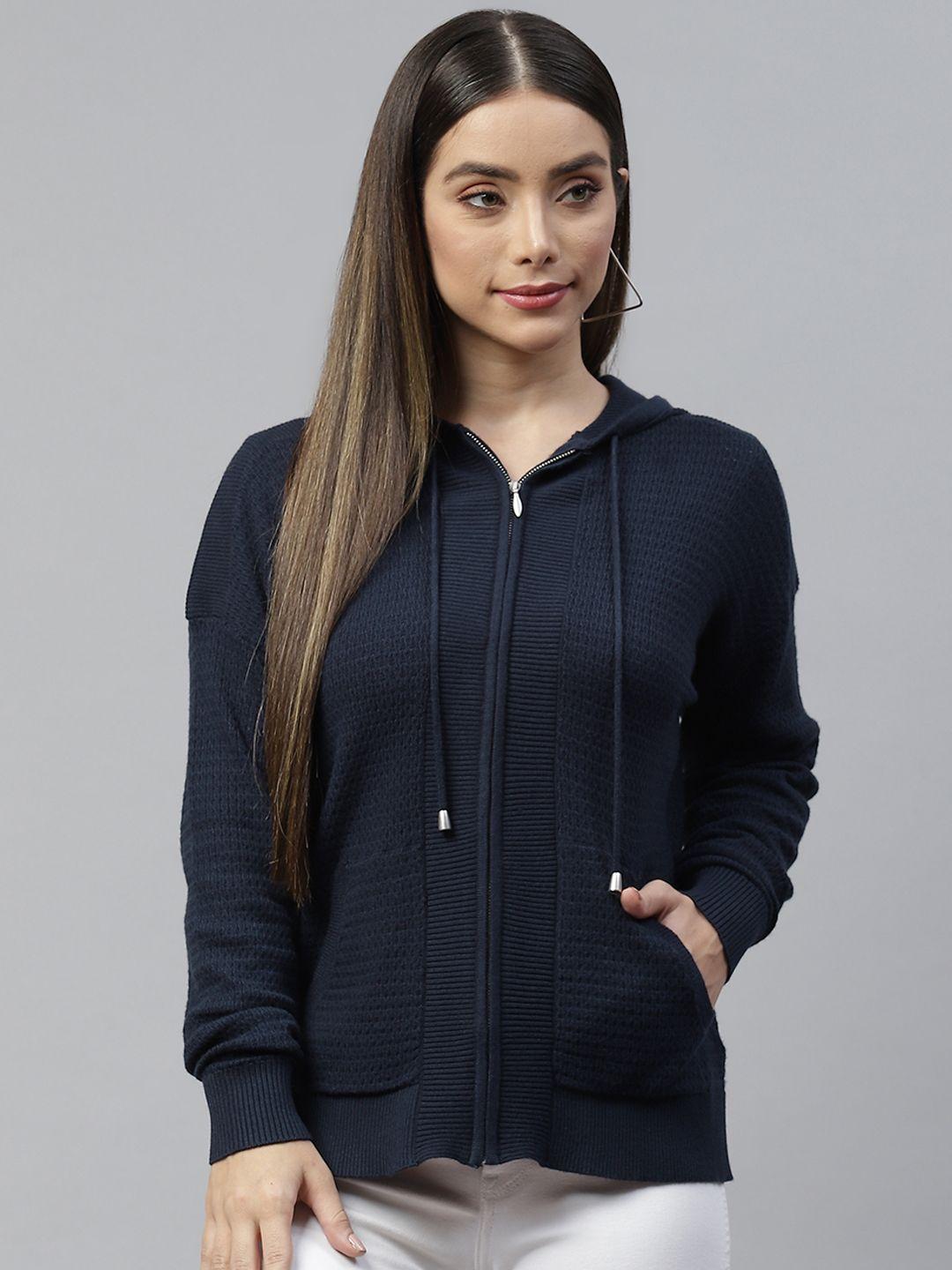 marks & spencer women navy blue textured relaxed zip up hoodie