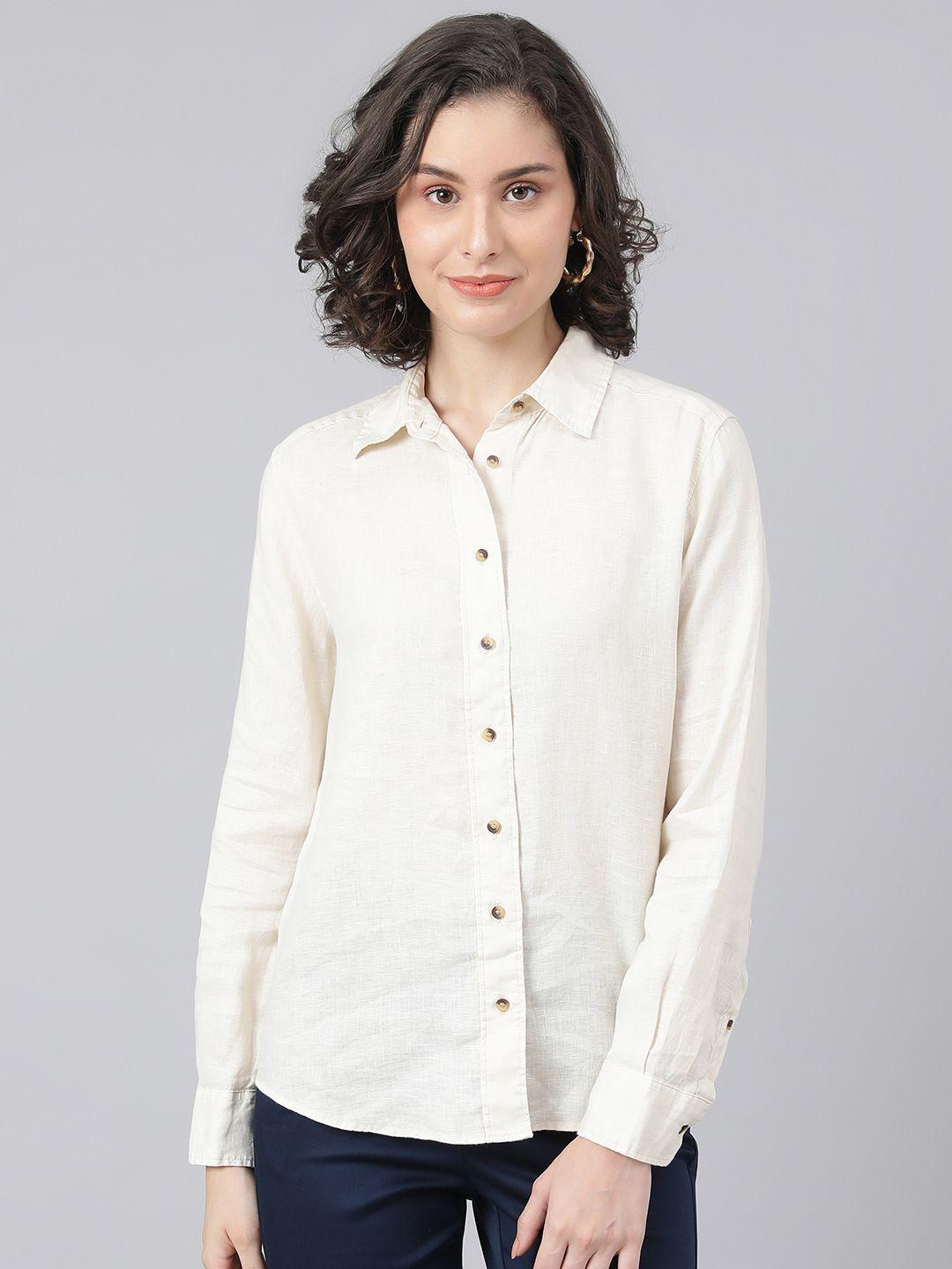 marks & spencer women off white pure linen solid smart casual shirt
