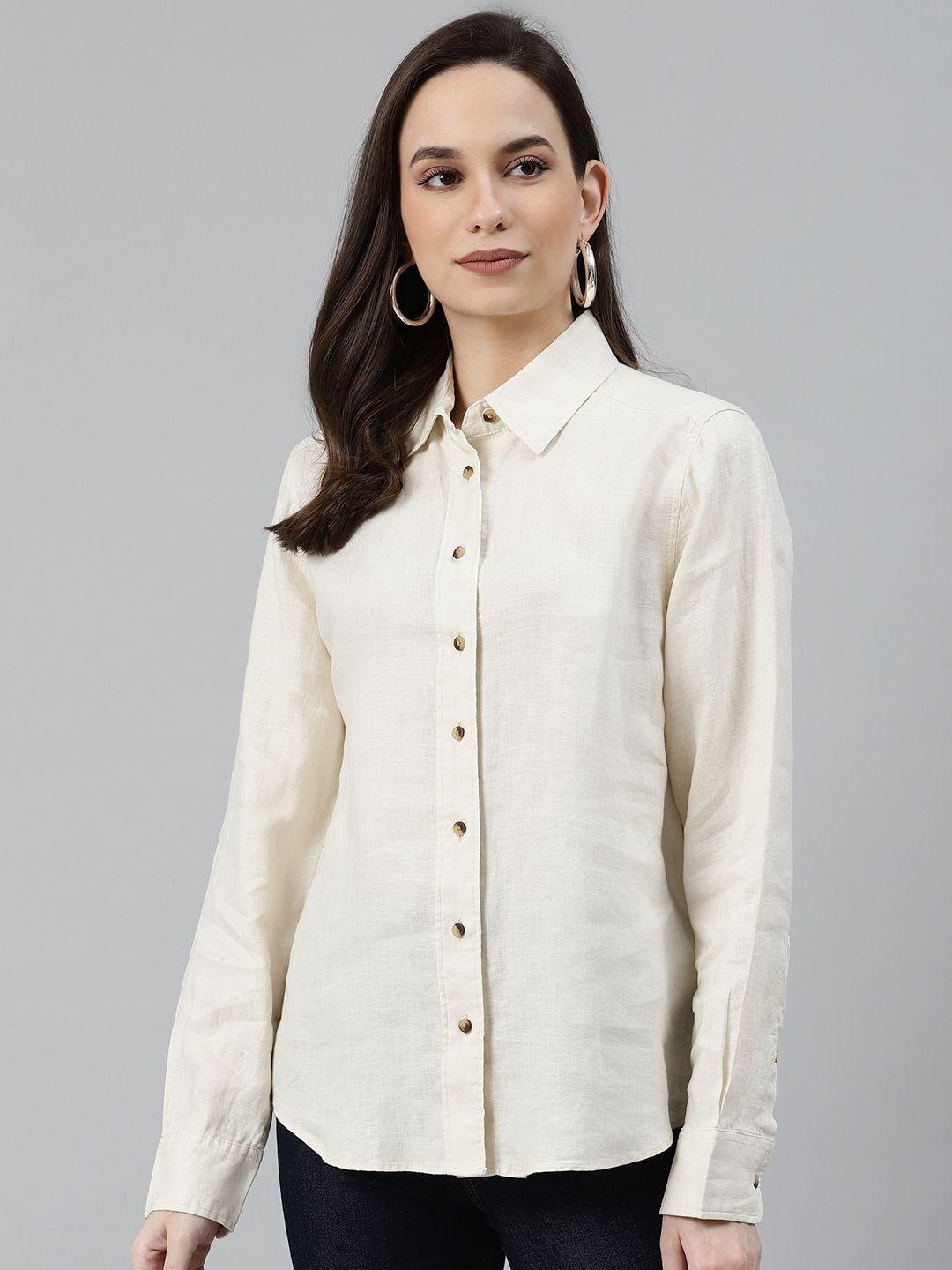 marks & spencer women off-beige solid linen regular fit shirt