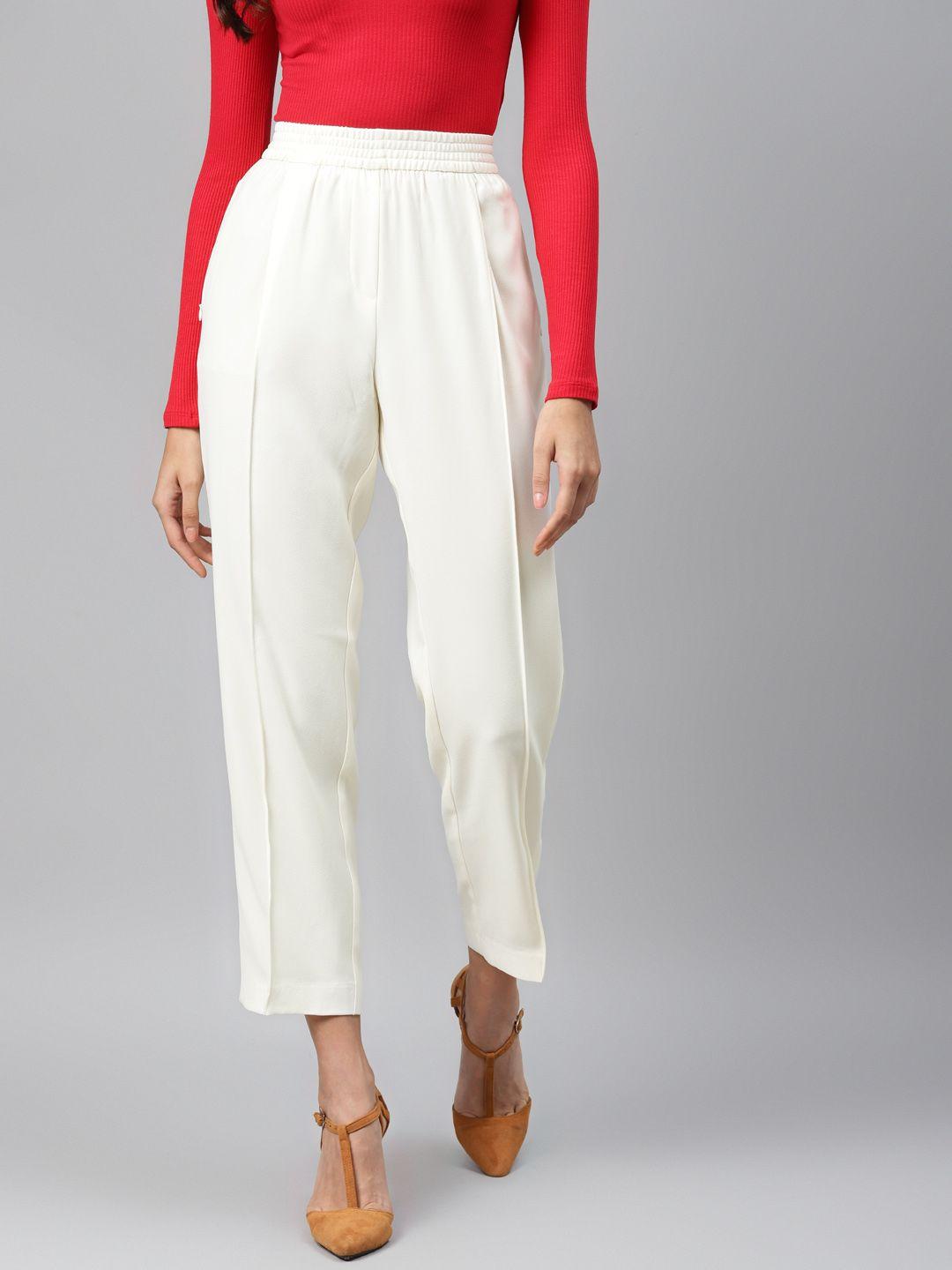 marks & spencer women off-white tapered fit solid crop darted trousers