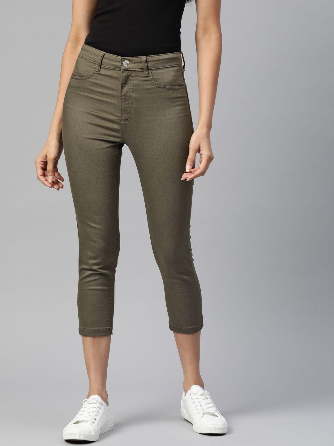 marks & spencer women olive green solid three-fourth jeggings