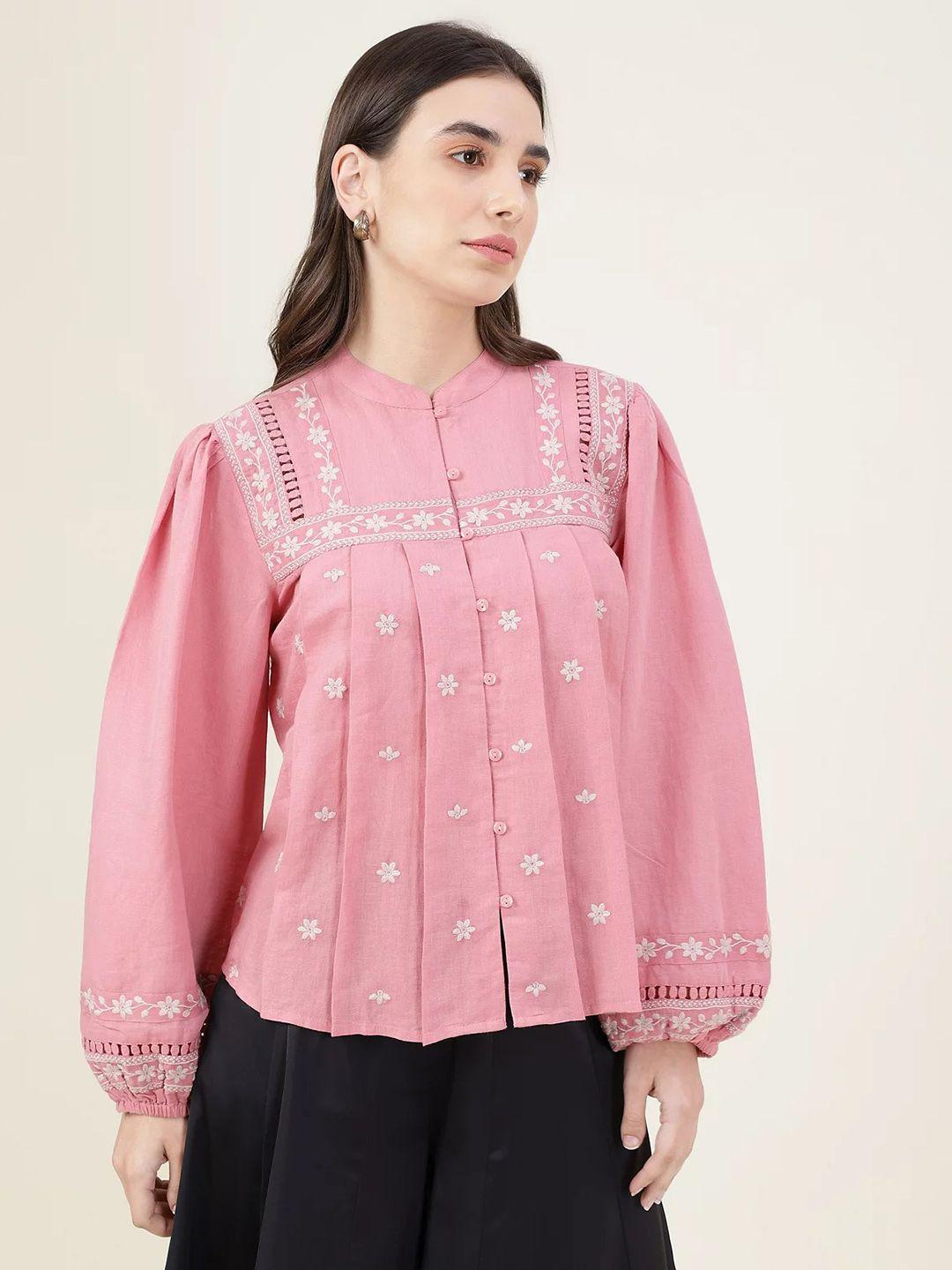 marks & spencer women pink cotton linen floral embroidered top
