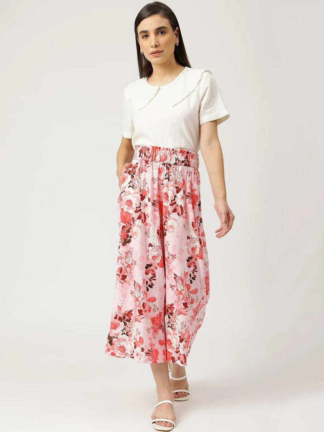 marks & spencer women pink floral printed high-rise pleated culottes trouser