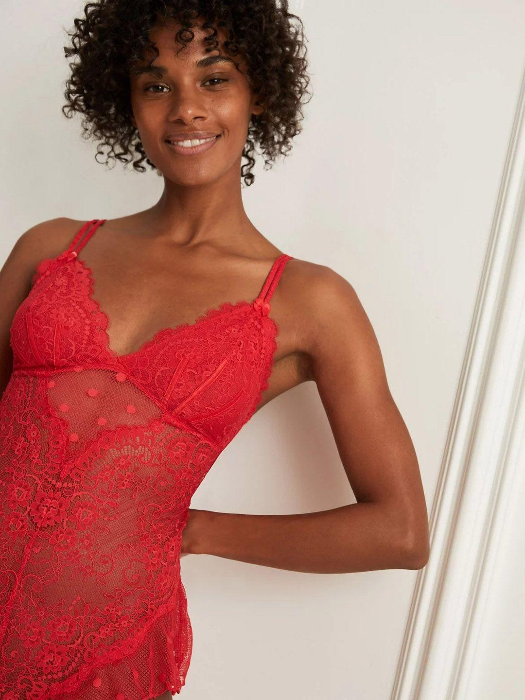 marks & spencer women red self-design lace bodysuit