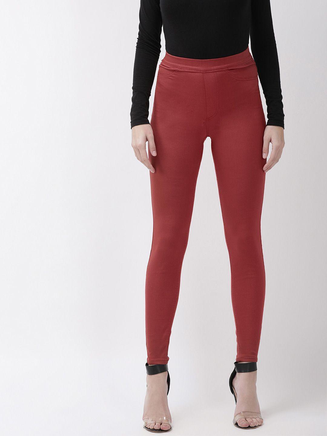 marks & spencer women rust red high-rise solid jeggings