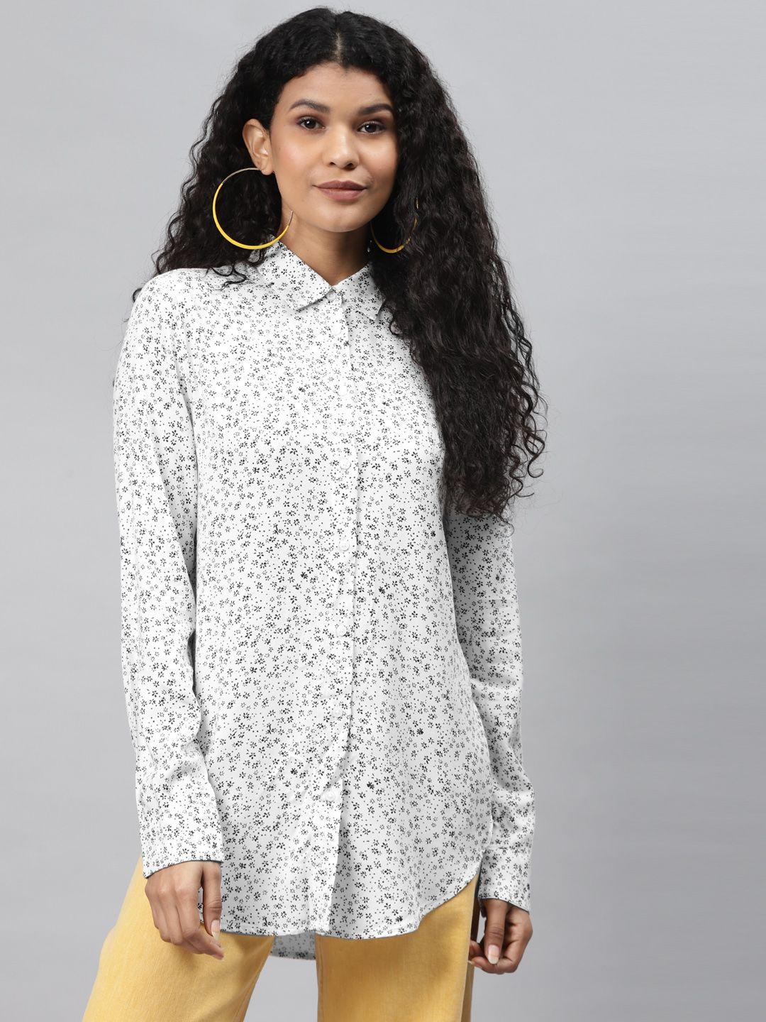 marks & spencer women white & black sustainable regular fit printed longline casual shirt