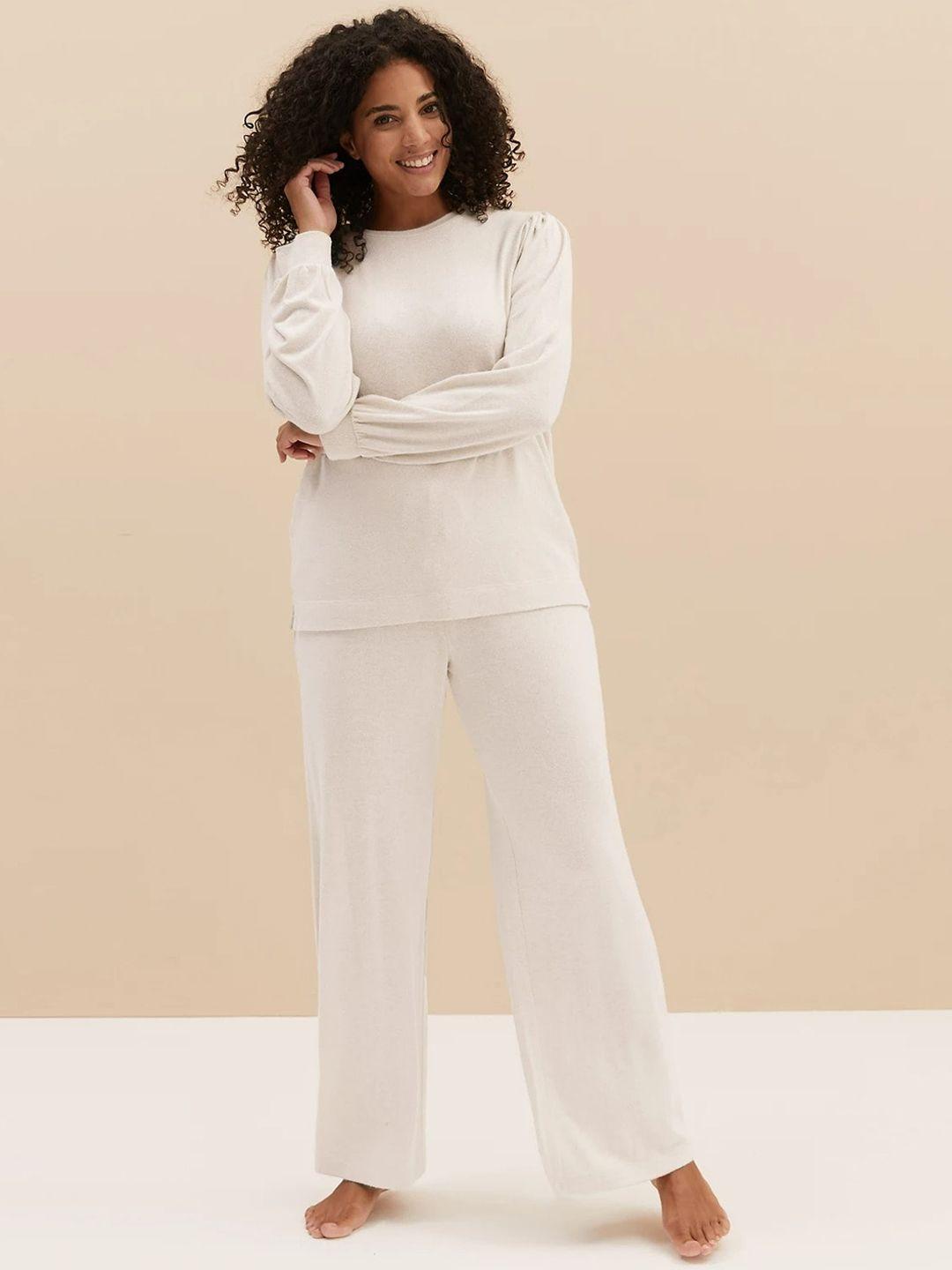 marks & spencer women white solid night suit
