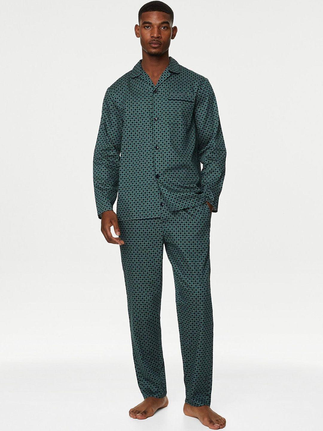 marks & spencer abstract printed lapel collar pure cotton shirt with lounge pants