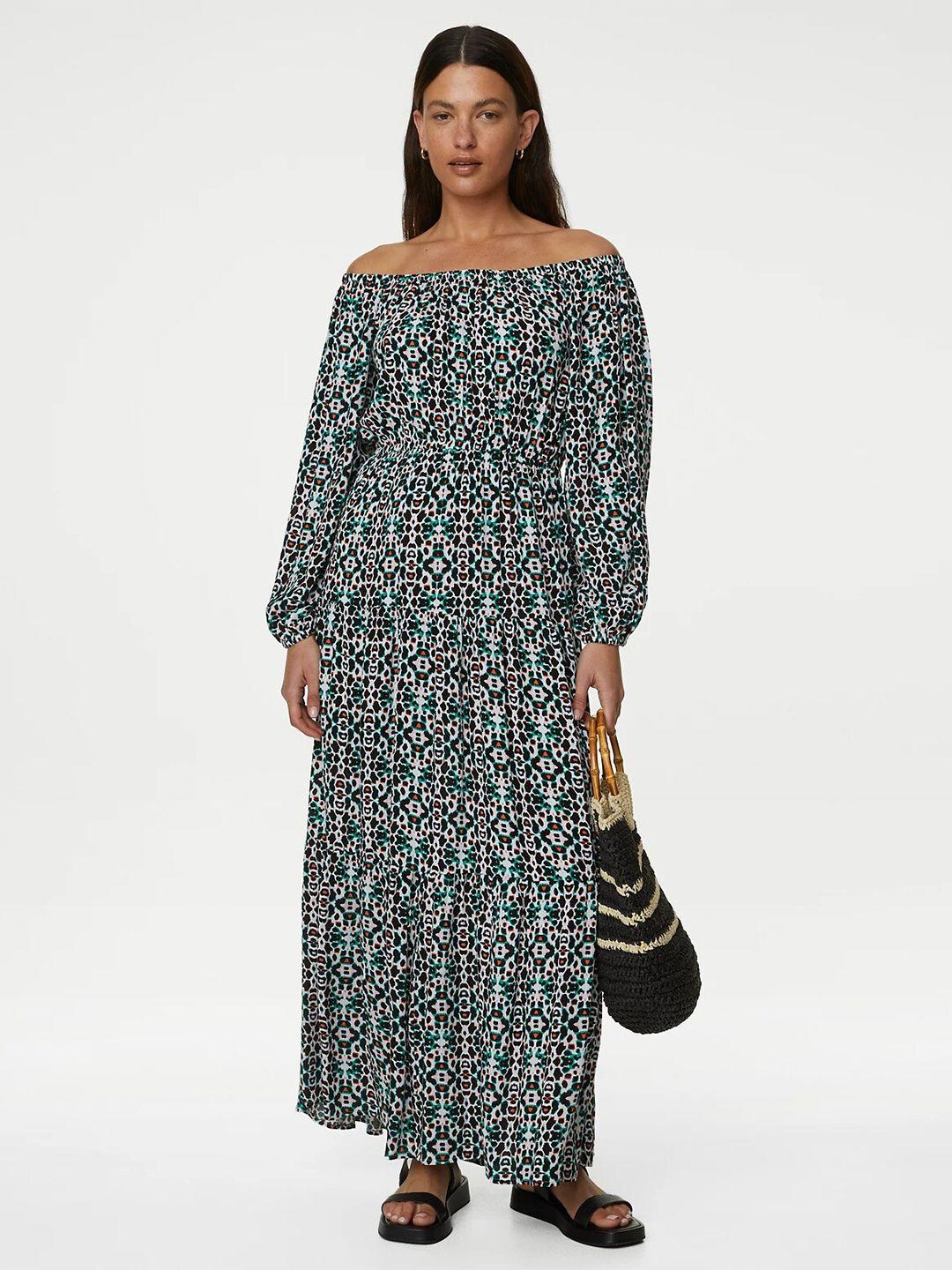 marks & spencer abstract printed off-shoulder puff sleeves maxi fit & flare dress