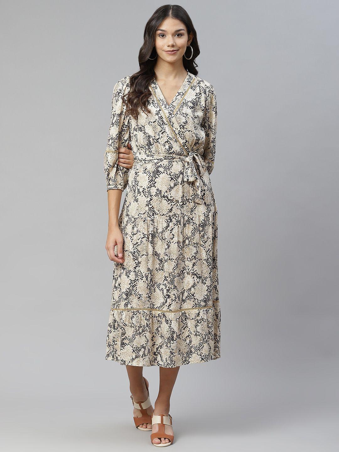 marks & spencer beige & navy blue animal a-line midi dress