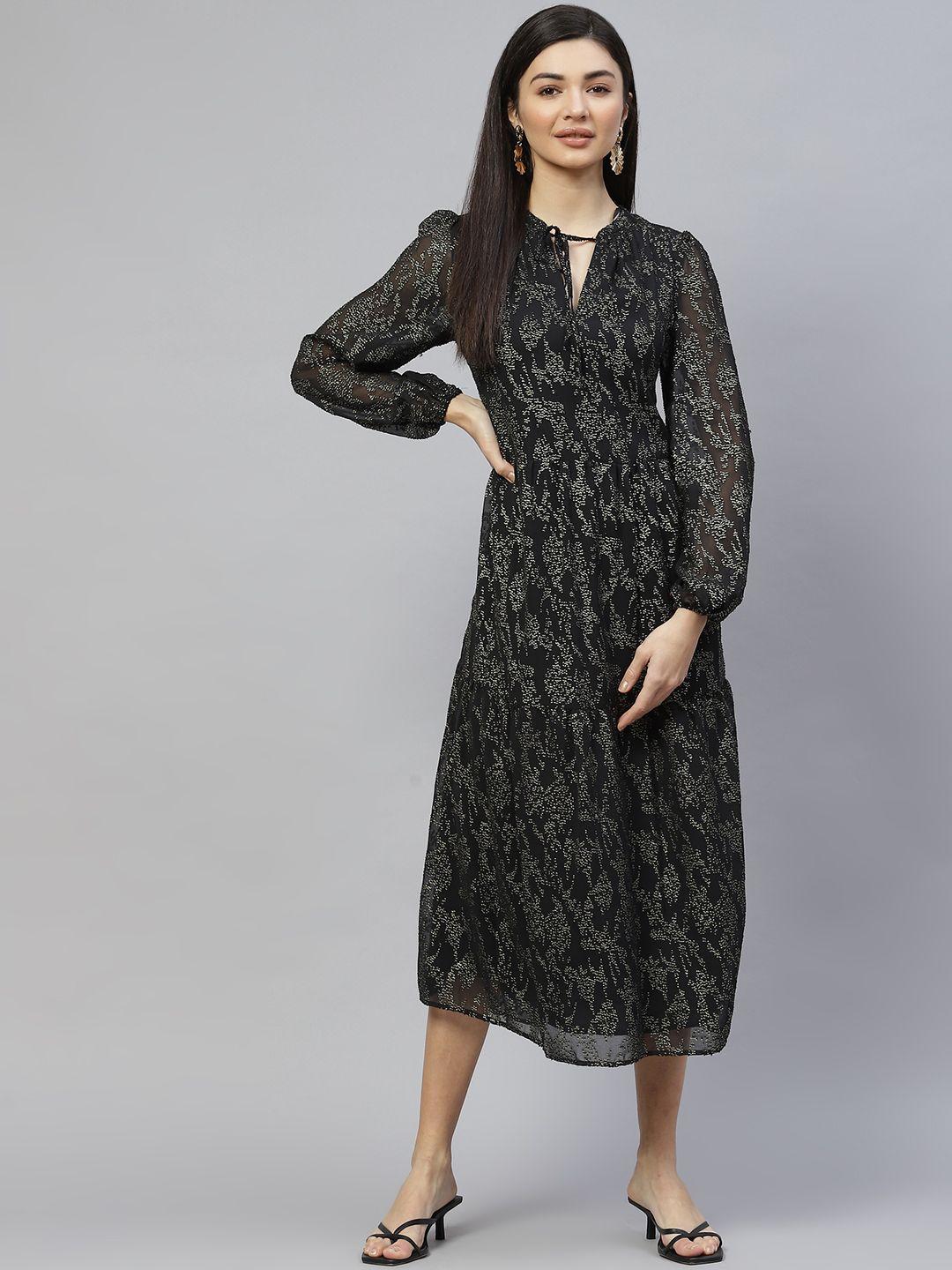 marks & spencer black & golden tie-up neck a-line midi dress