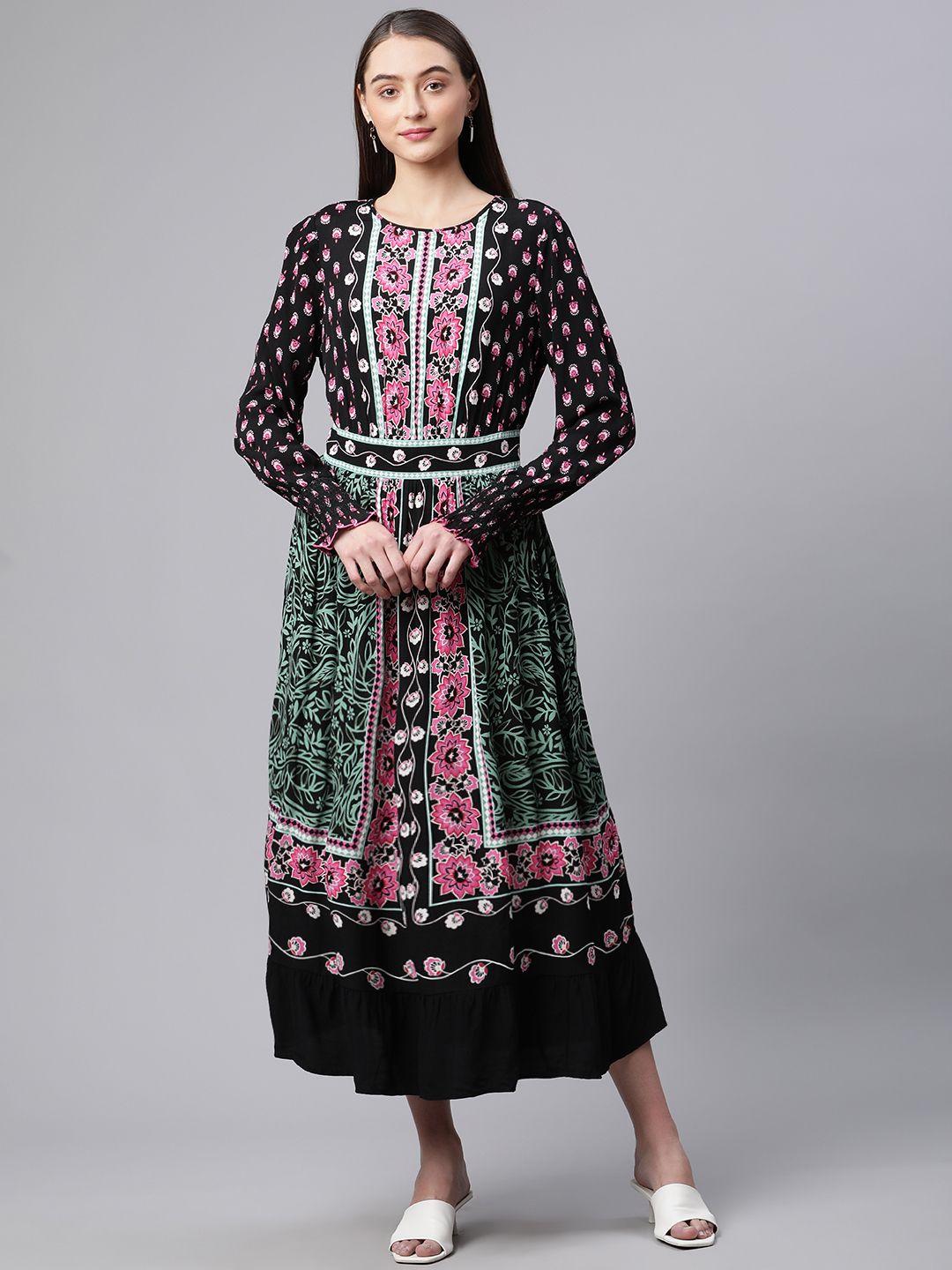 marks & spencer black & green ethnic motifs a-line midi dress