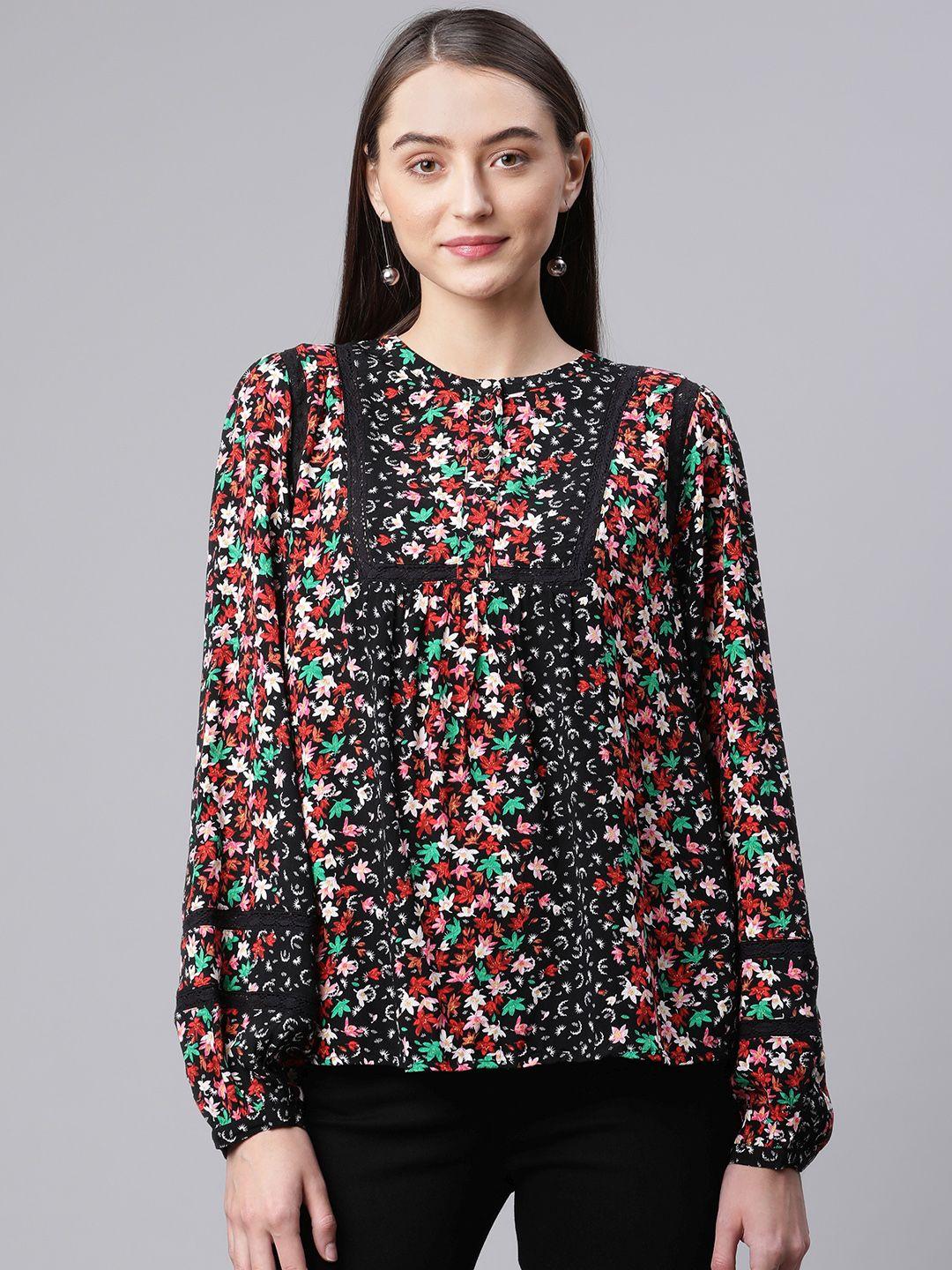 marks & spencer black & red floral print lace insert top