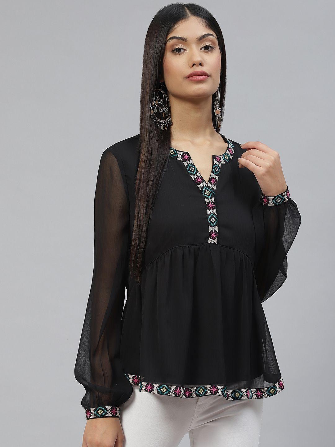 marks & spencer black embroidered puff sleeves top