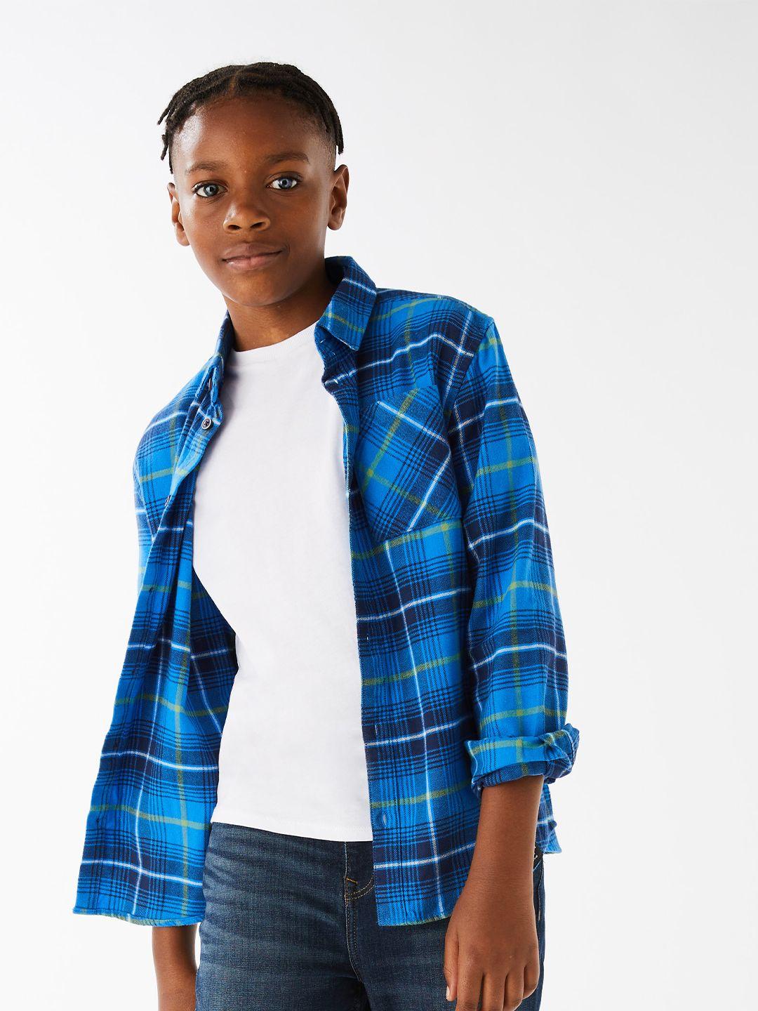 marks & spencer boys blue checked casual shirt