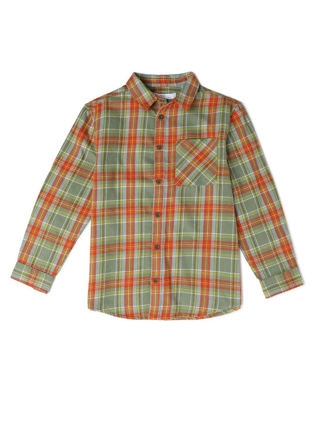 marks & spencer boys khaki & orange tartan checked pure cotton casual shirt