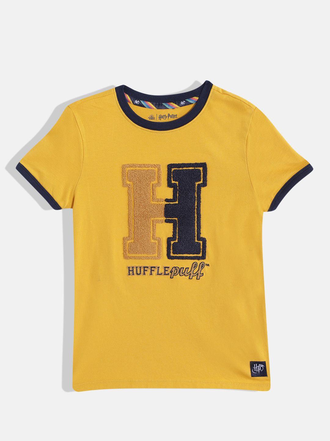 marks & spencer boys mustard yellow & navy blue pure cotton harry potter applique t-shirt