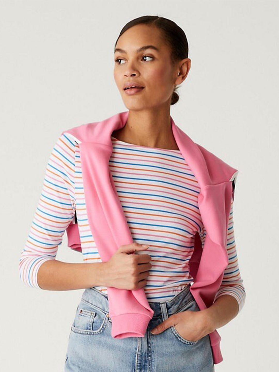 marks & spencer candy striped boat neck cotton regular top