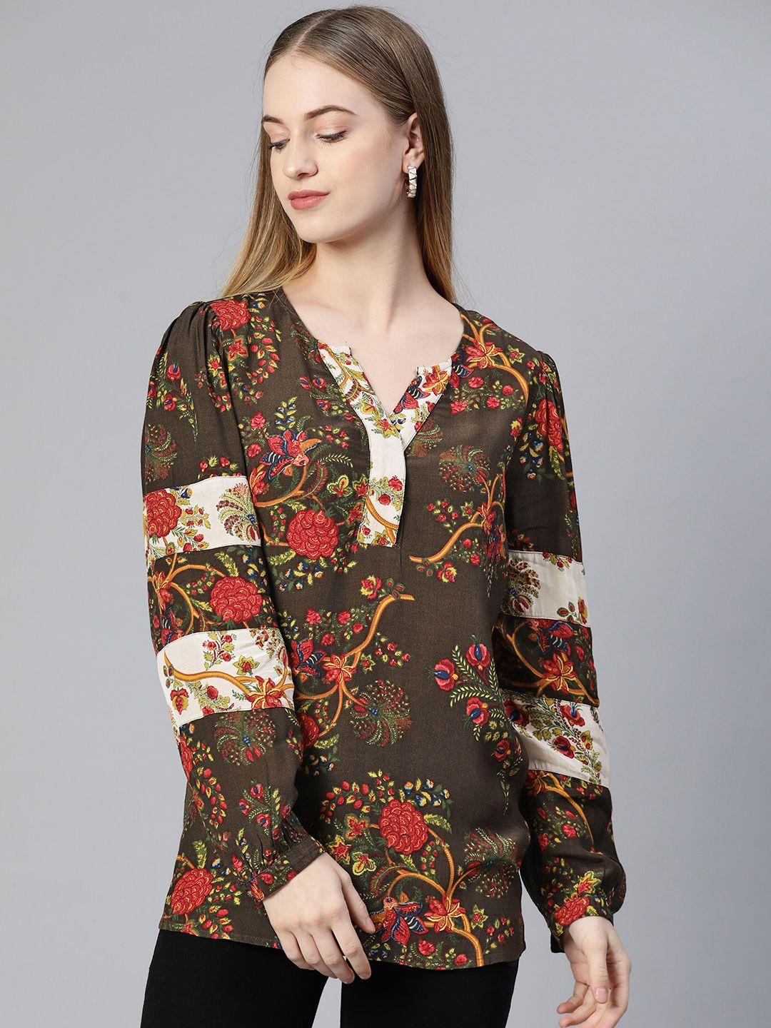 marks & spencer coffee brown & red floral print top