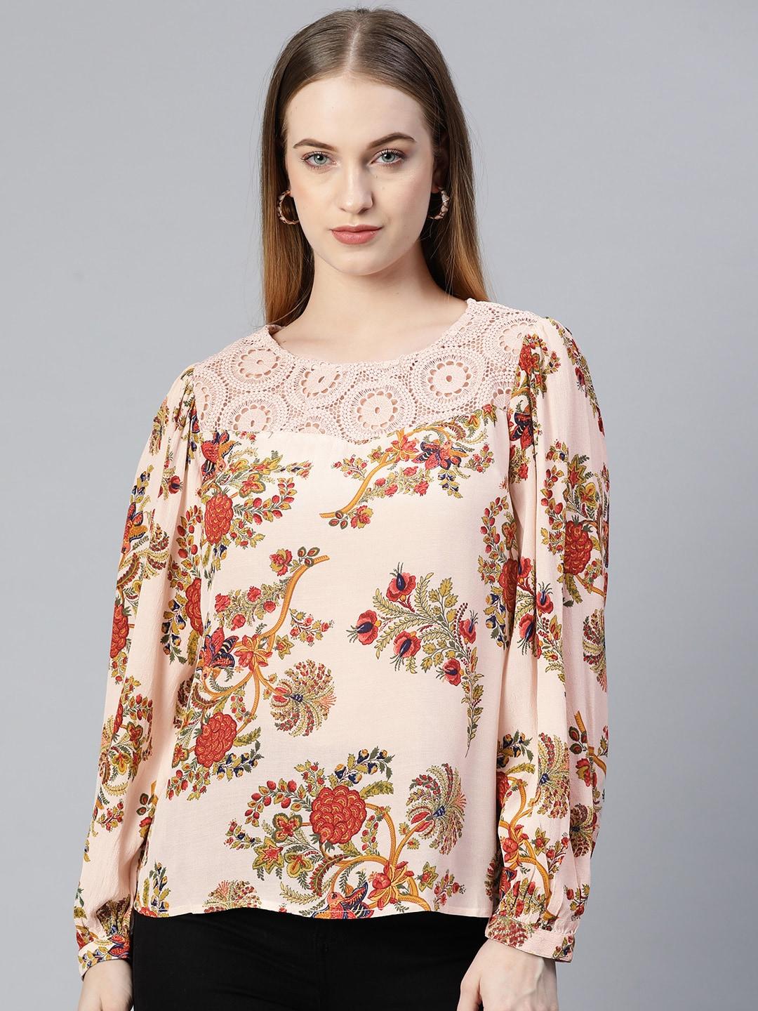 marks & spencer cream-coloured & red floral print lace detail top