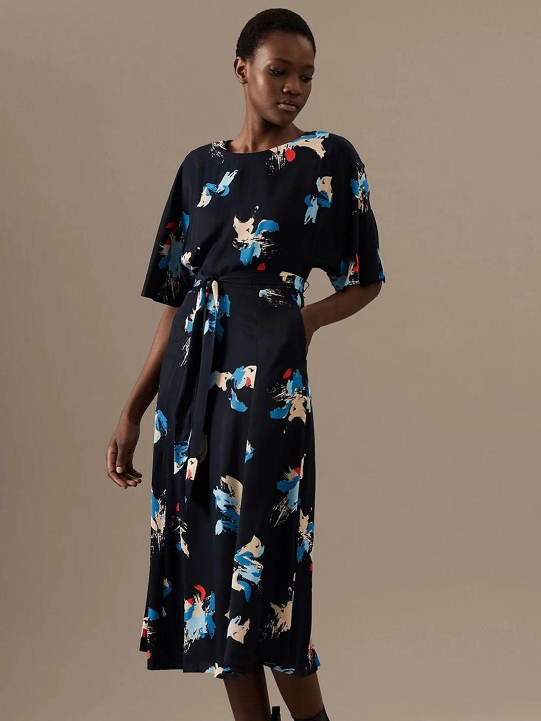 marks & spencer flared sleeves belted abstract printed a-line midi dress