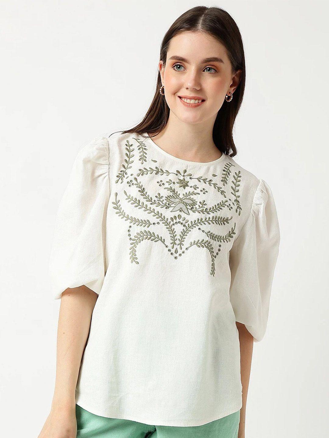 marks & spencer floral embroidered round neck puff sleeve top