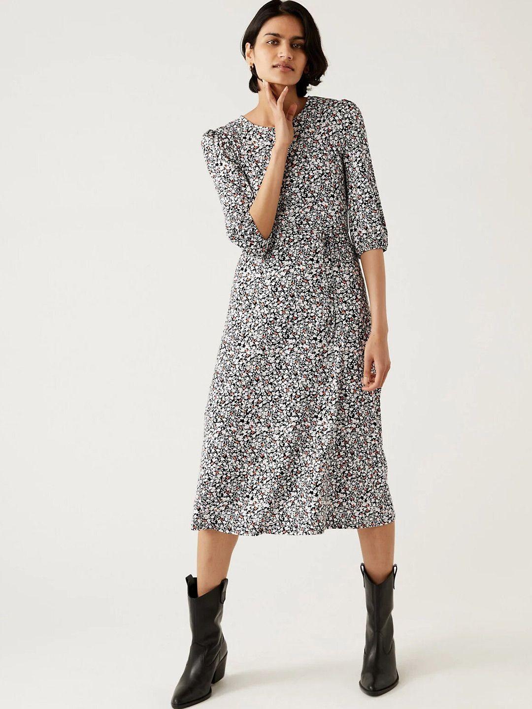 marks & spencer floral print puff sleeves a-line midi dress