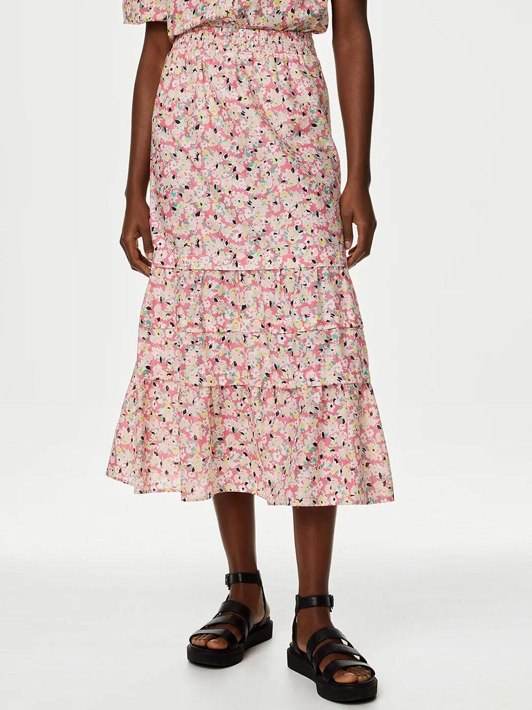 marks & spencer floral printed cotton tiered midi skirts