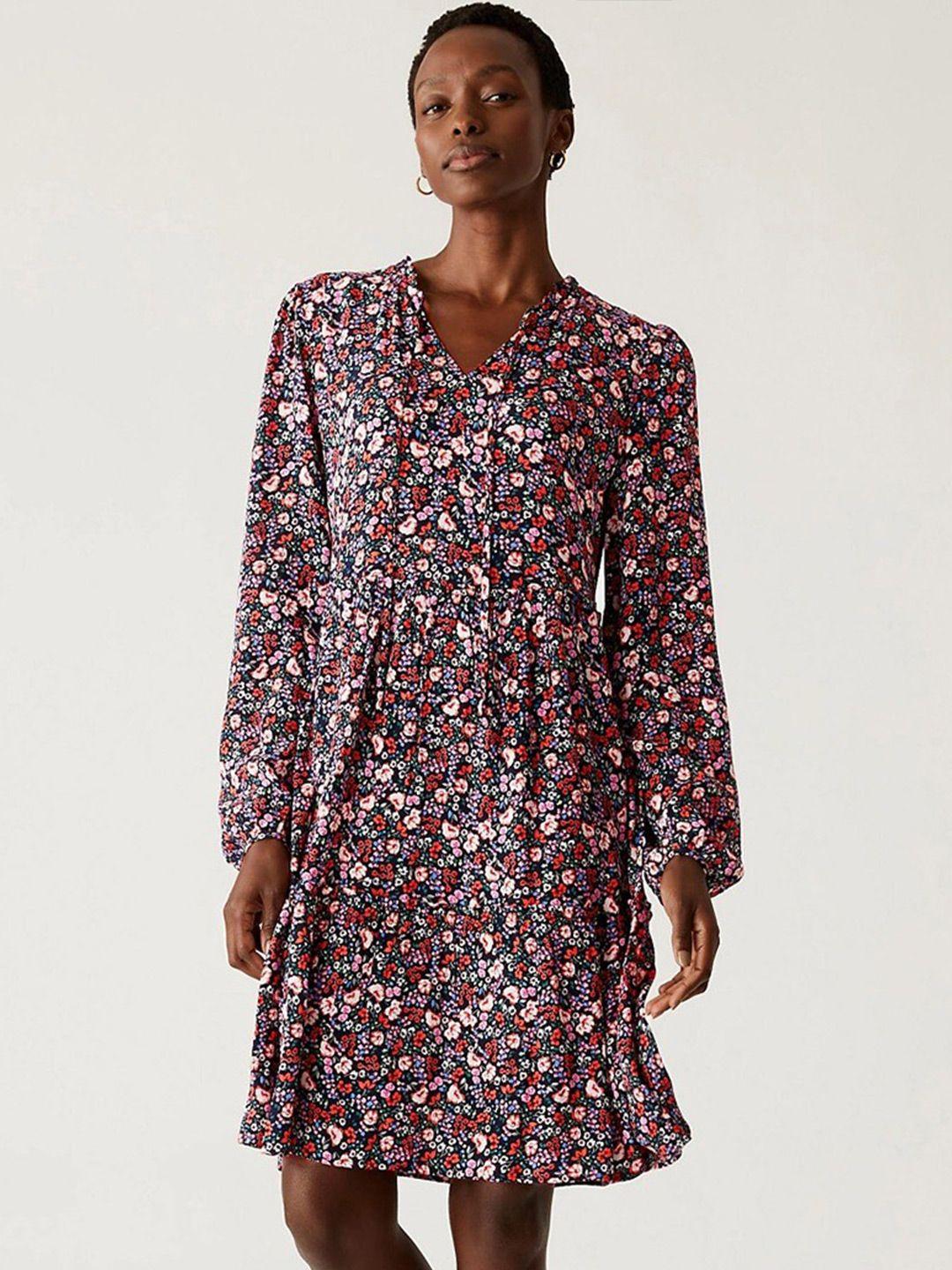 marks & spencer floral printed cuffed sleeves a-line dress