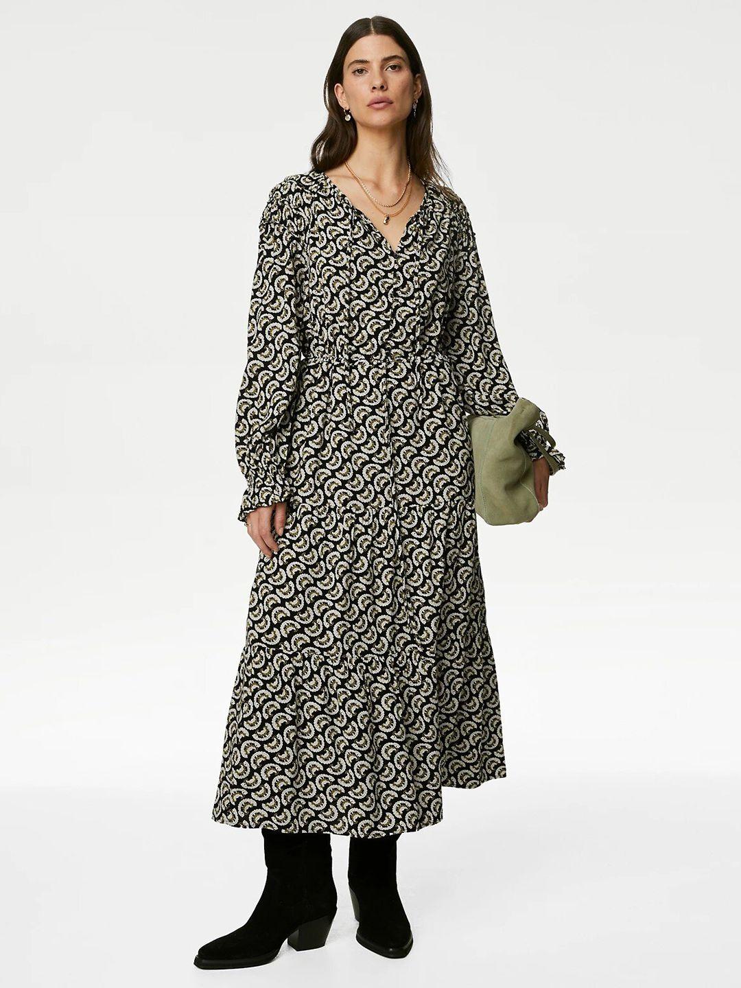 marks & spencer floral printed cuffed sleeves gathered a-line midi dress