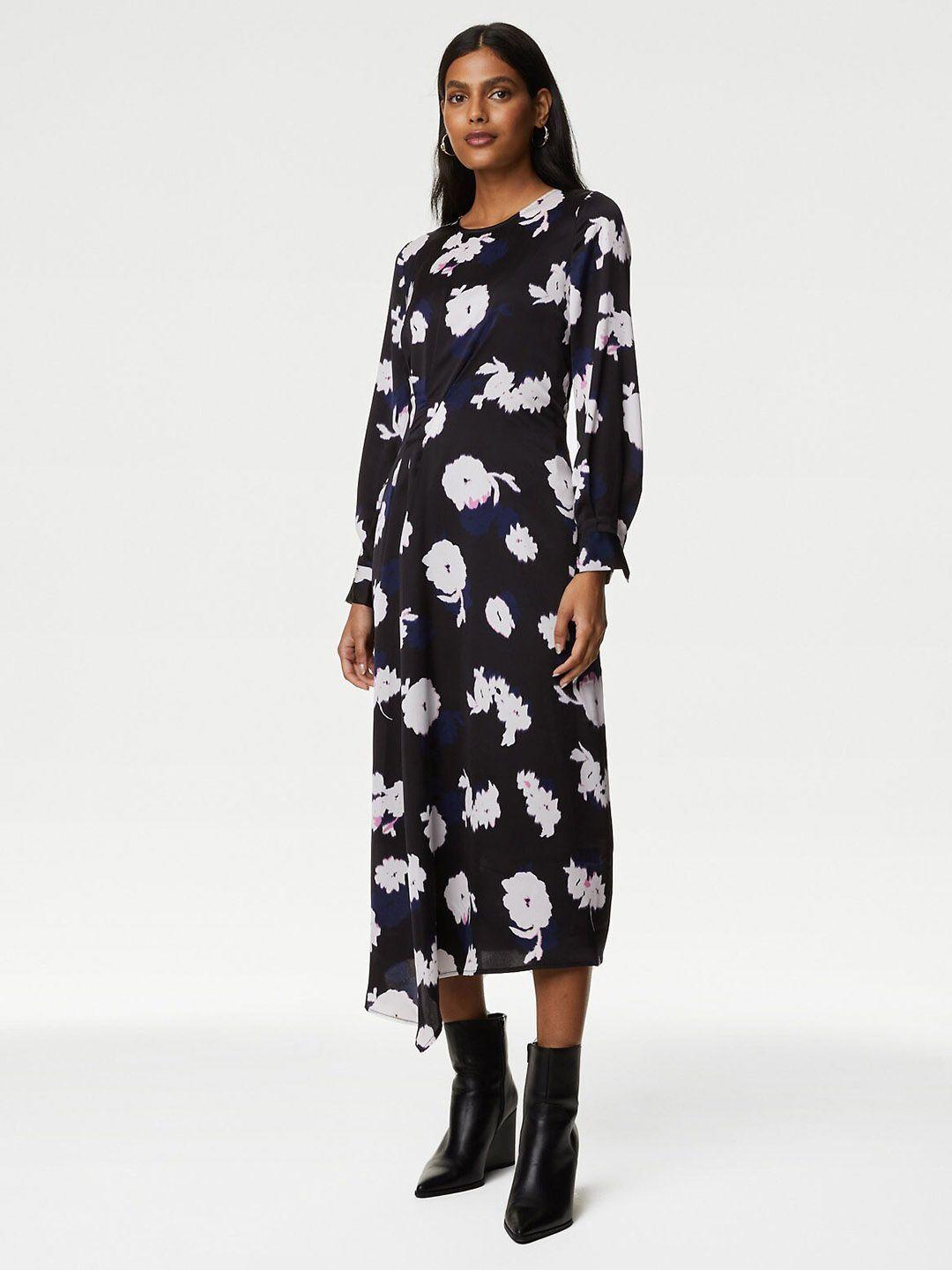 marks & spencer floral printed cuffed sleeves pleated a-line midi dress