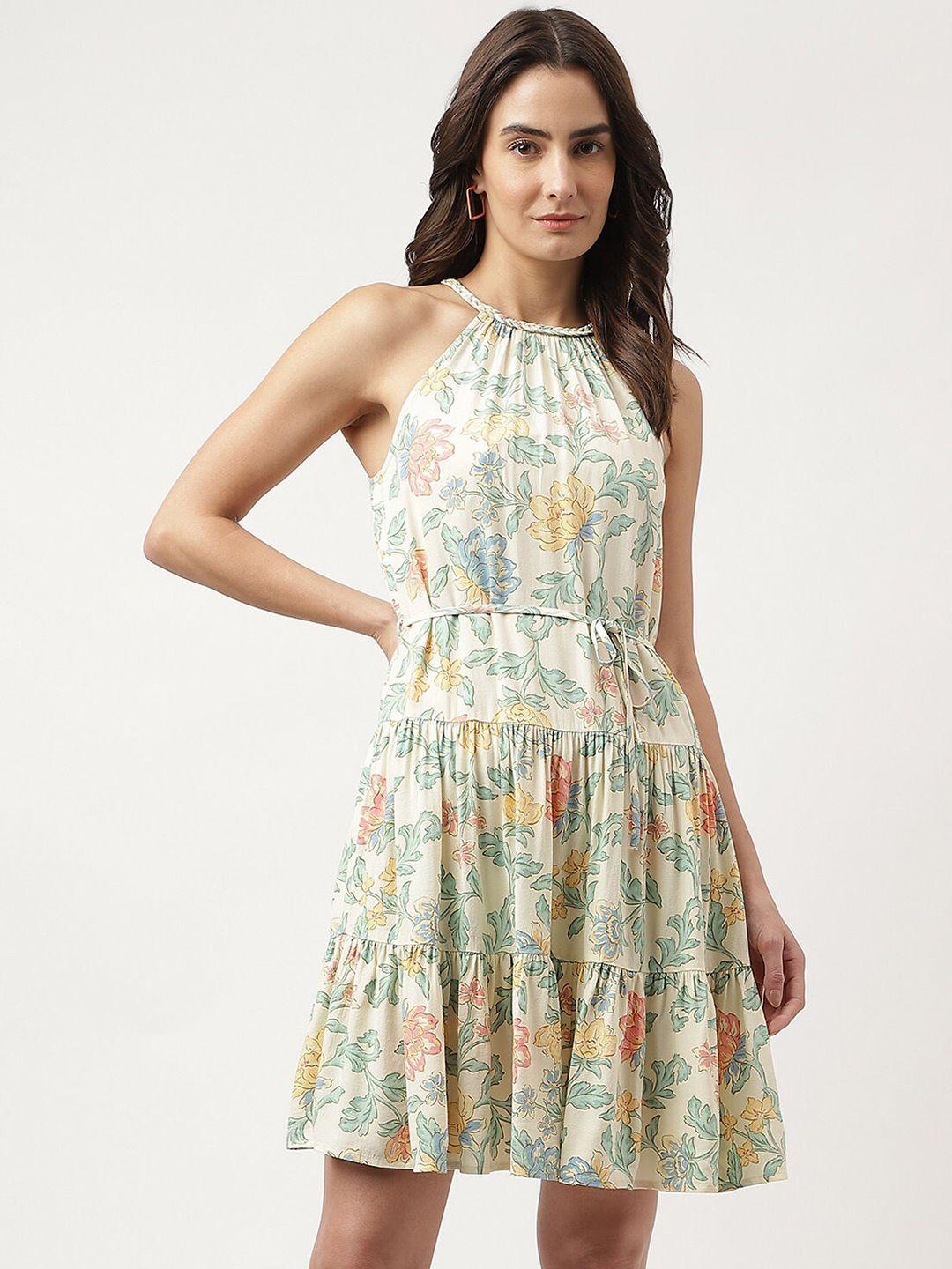 marks & spencer floral printed halter neck gathered belted tiered fit & flare dress