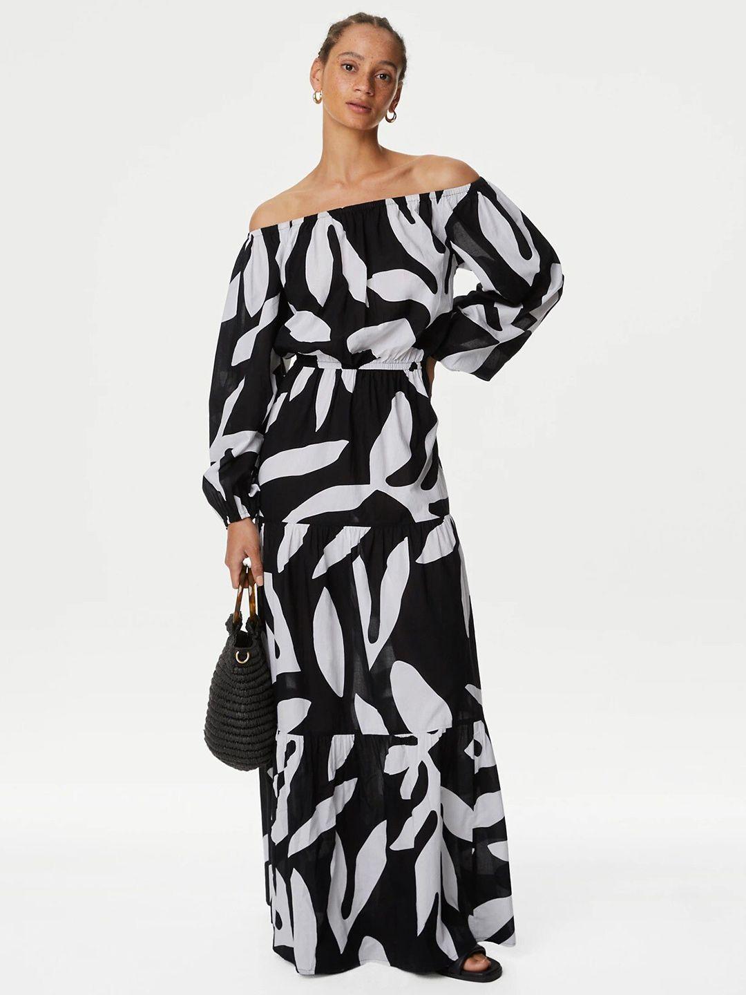 marks & spencer floral printed off shoulder tiered pure cotton maxi dress