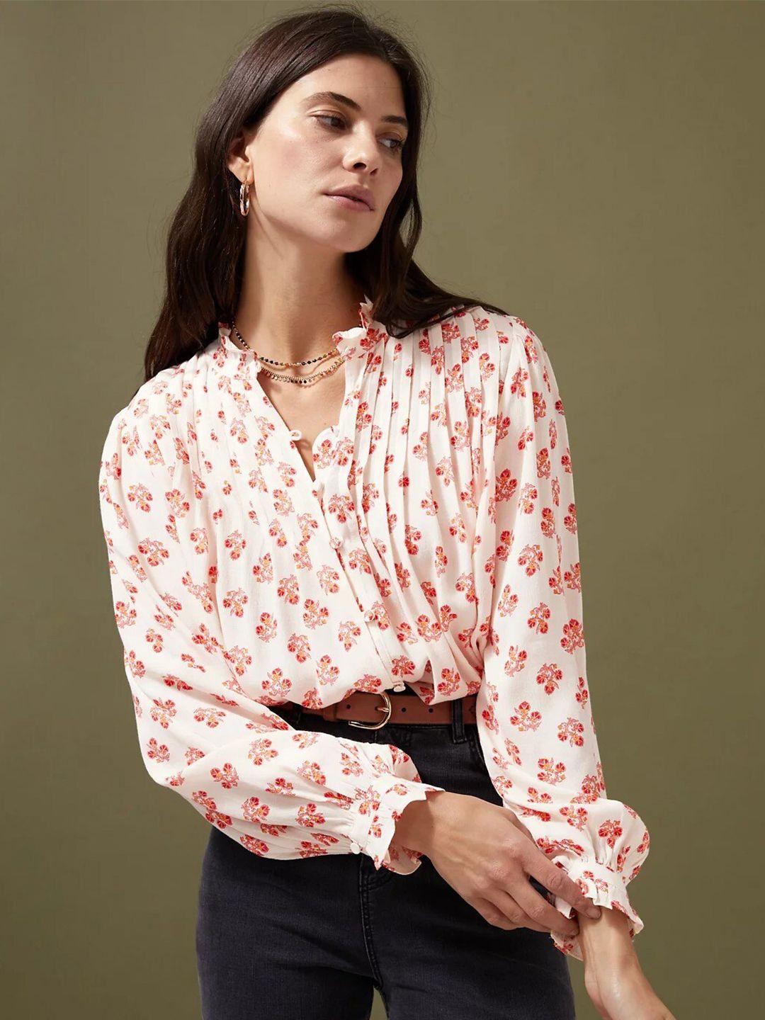 marks & spencer floral printed pleated mandarin collar shirt style top