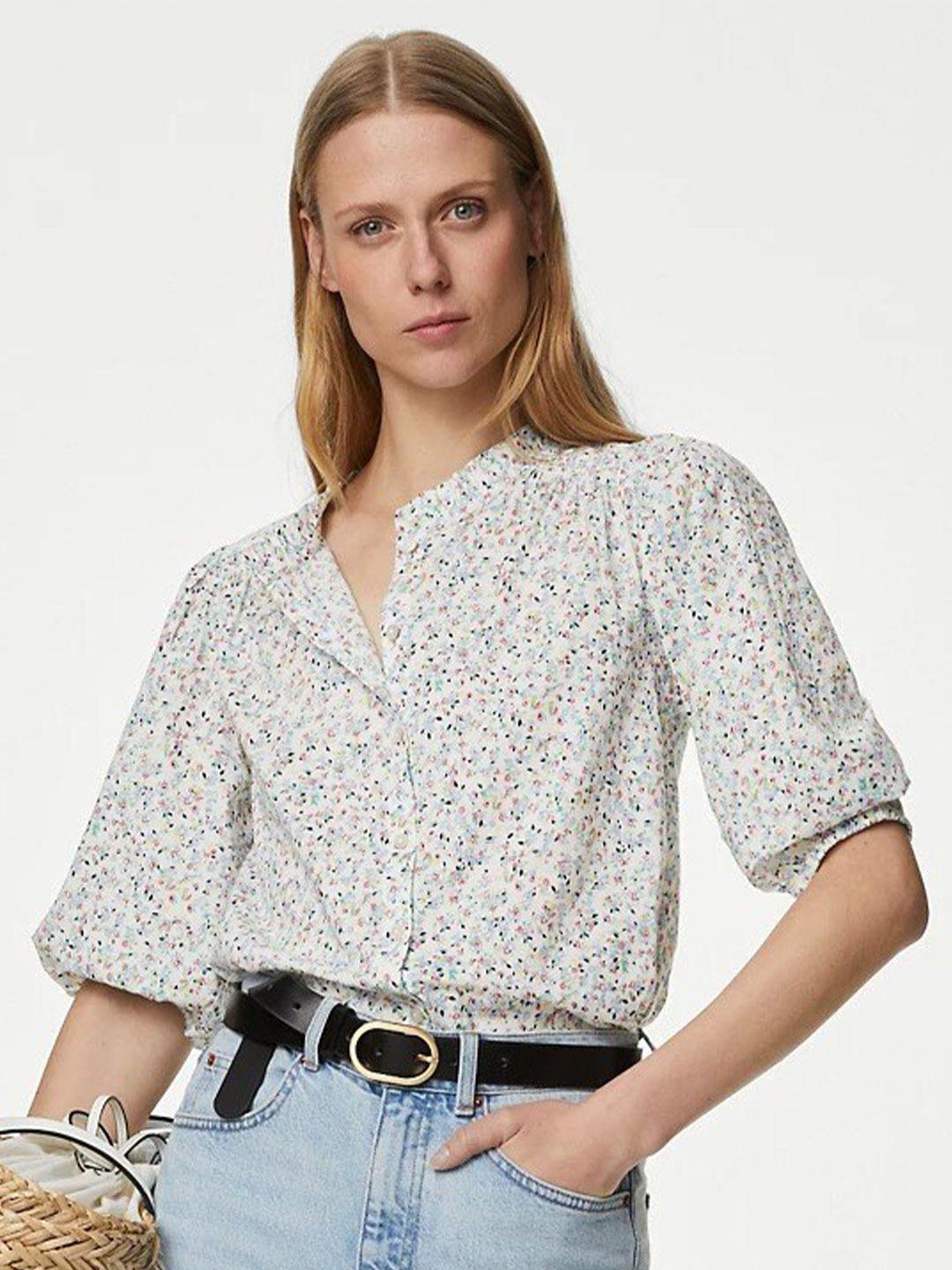 marks & spencer floral printed puff sleeve pure cotton shirt style top