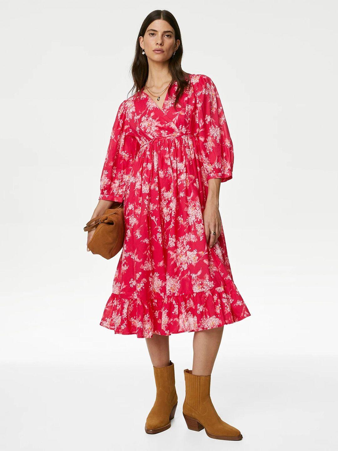 marks & spencer floral printed puff sleeves gathered cotton fit & flare dress