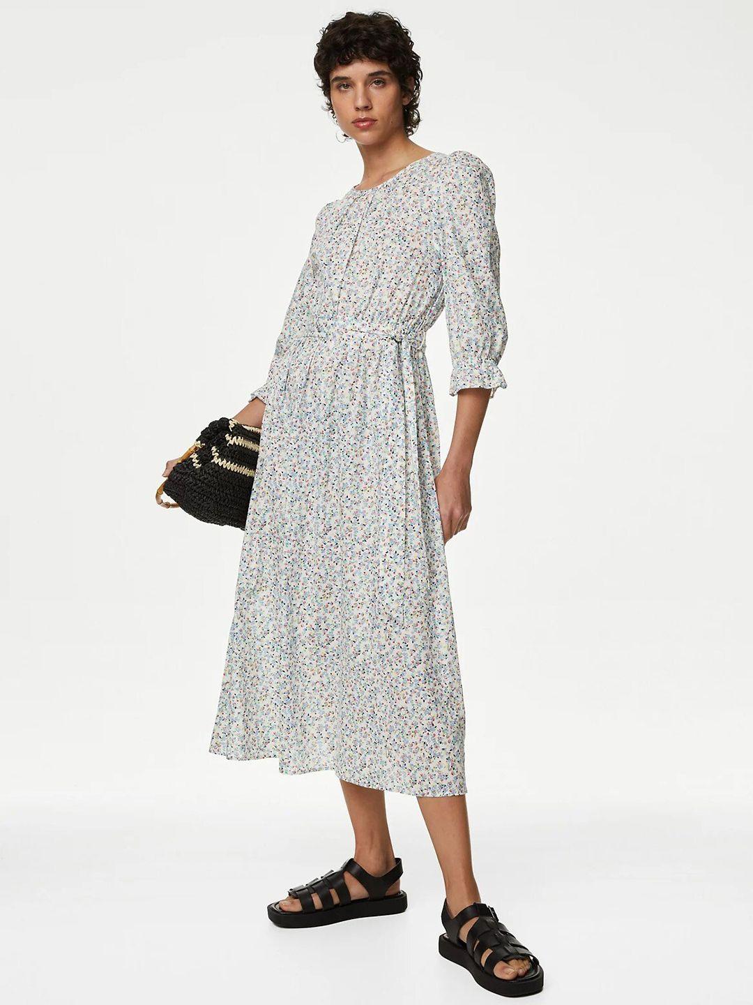 marks & spencer floral printed pure cotton fit & flare midi dress