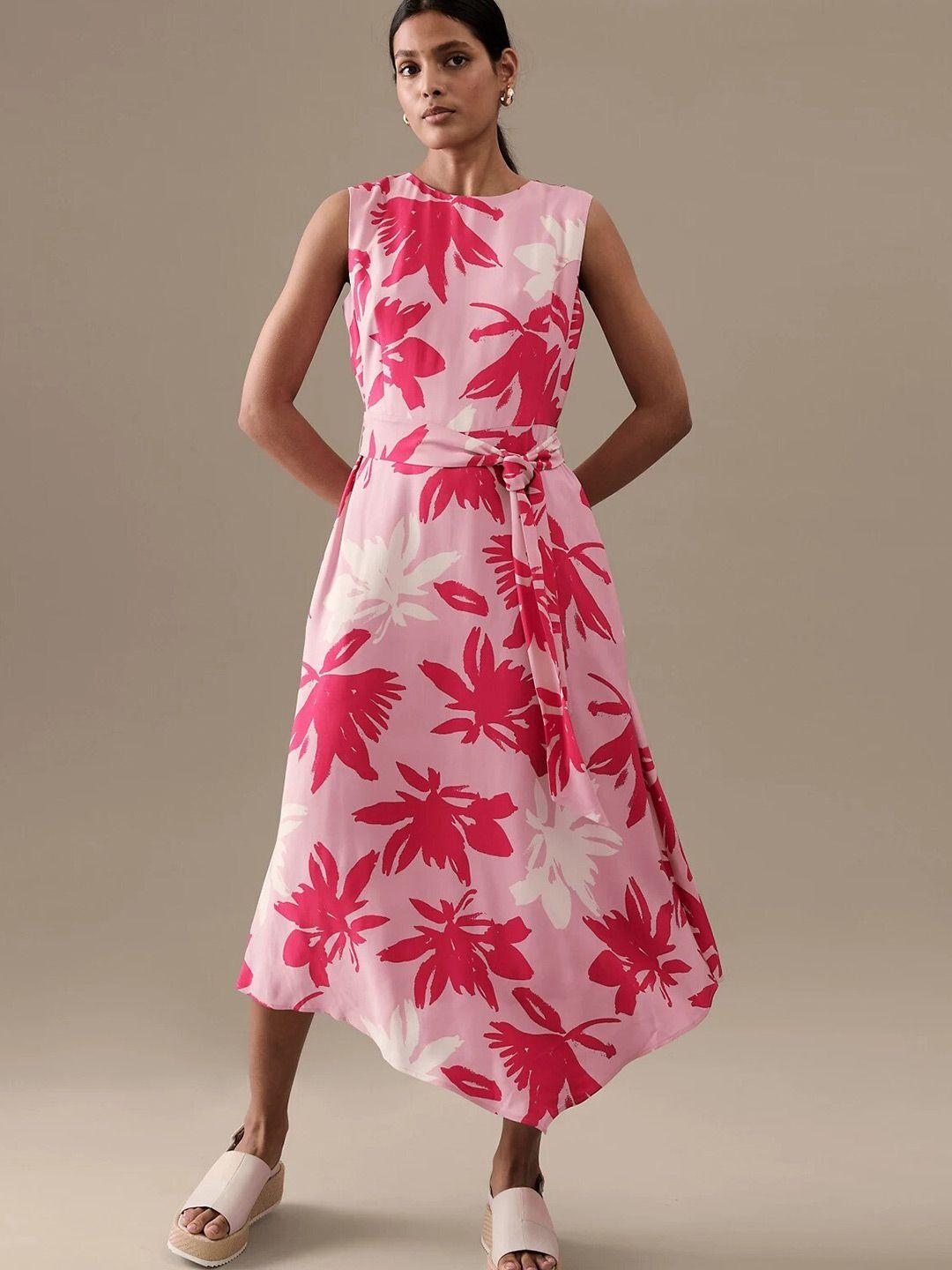 marks & spencer floral printed sleeveless tie-ups fit & flare dress