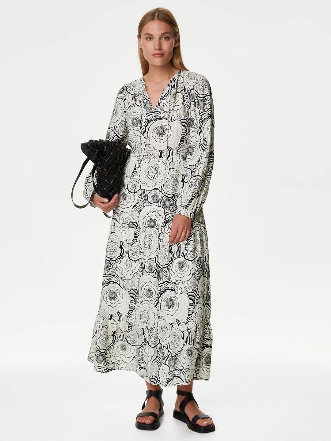 marks & spencer floral printed tie-up neck gathered a-line midi dress