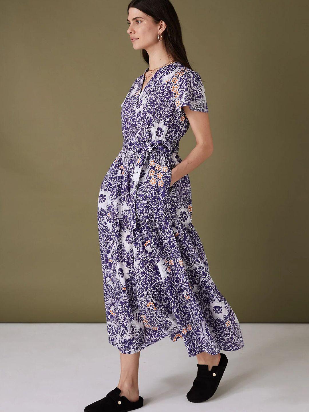 marks & spencer floral printed v-neck flared sleeves belted midi cotton a-line  dress