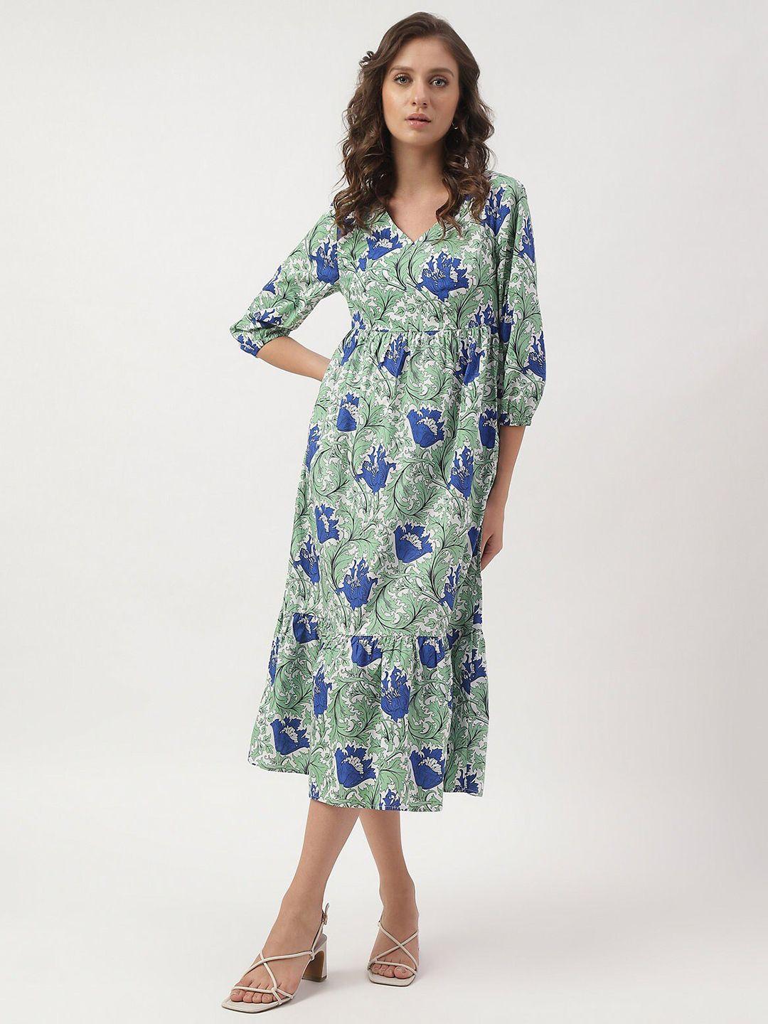 marks & spencer floral printed v-neck puff sleeves cotton fit & flare dress