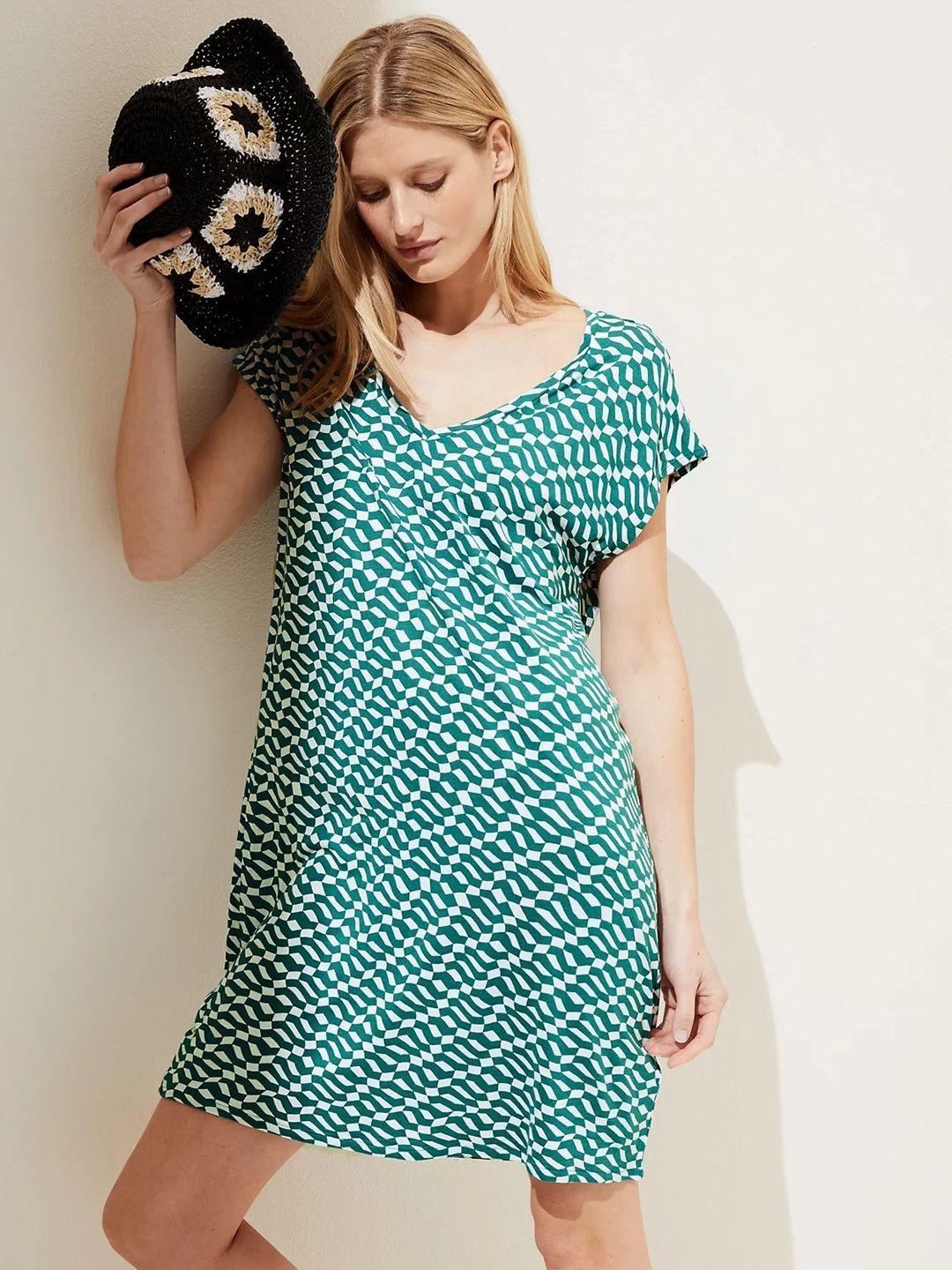 marks & spencer geometric printed v-neck extended sleeves a-line dress