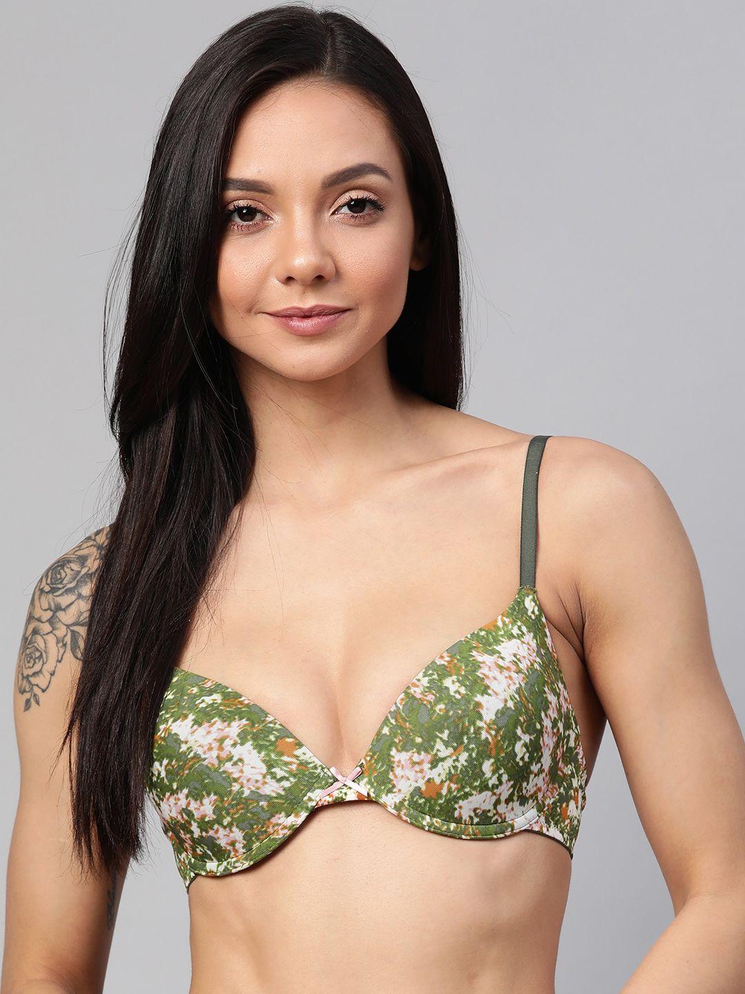 marks & spencer green & white printed underwired lightly padded plunge t-shirt bra t330361