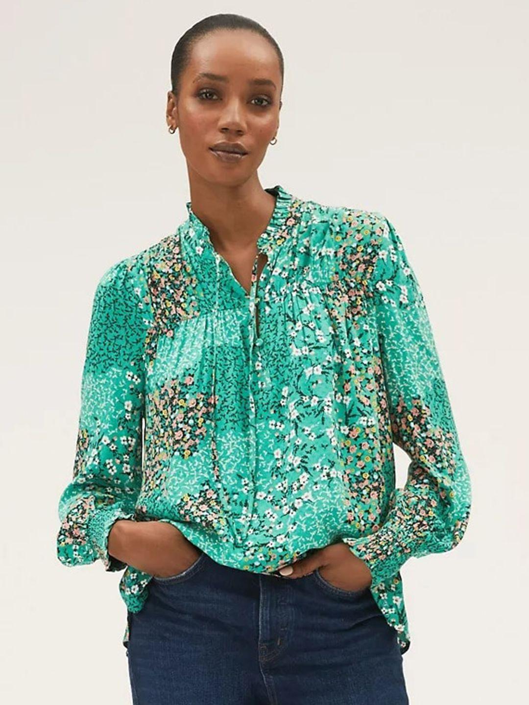 marks & spencer green floral print tie-up neck shirt style top