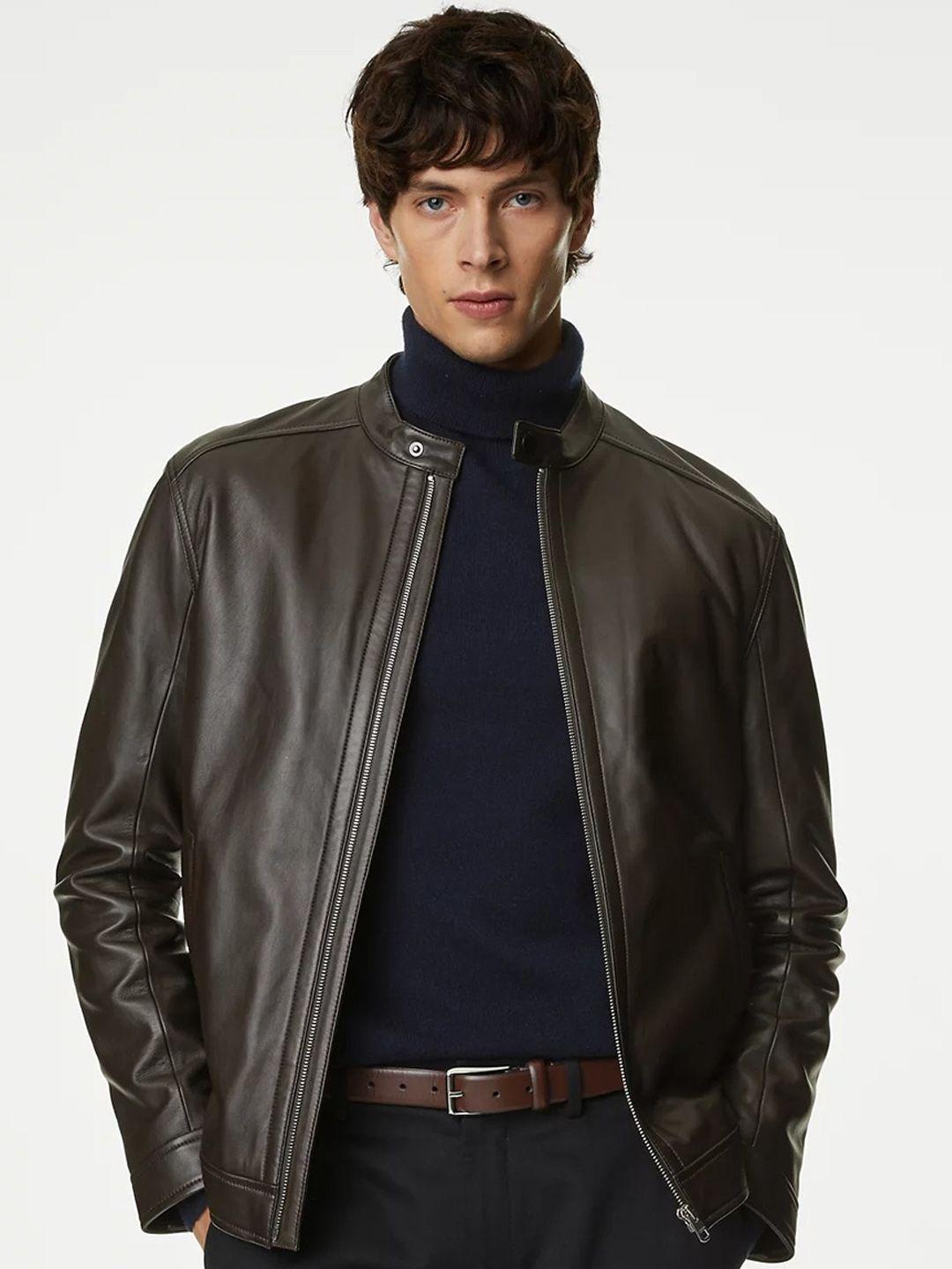 marks & spencer mandarin collar leather jacket