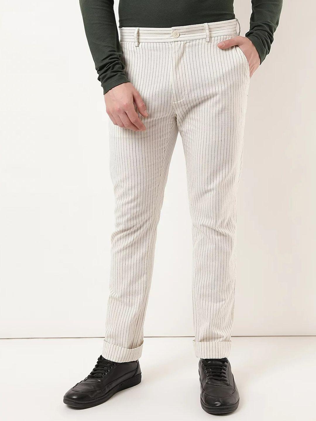 marks & spencer men beige striped chinos trousers