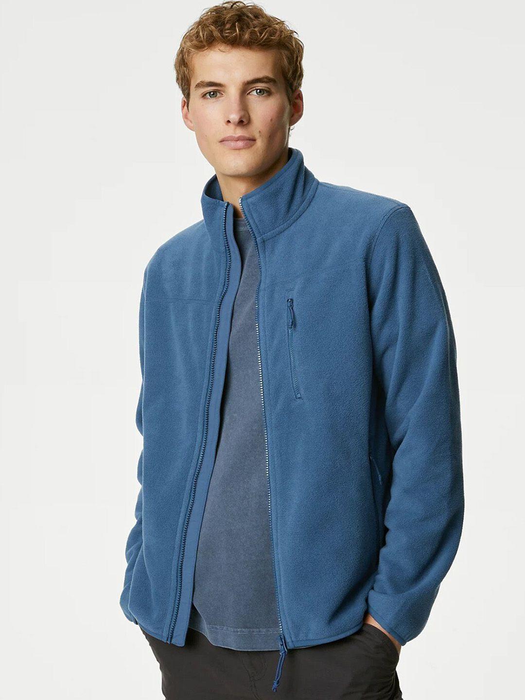 marks & spencer men blue colourblocked crop leather jacket