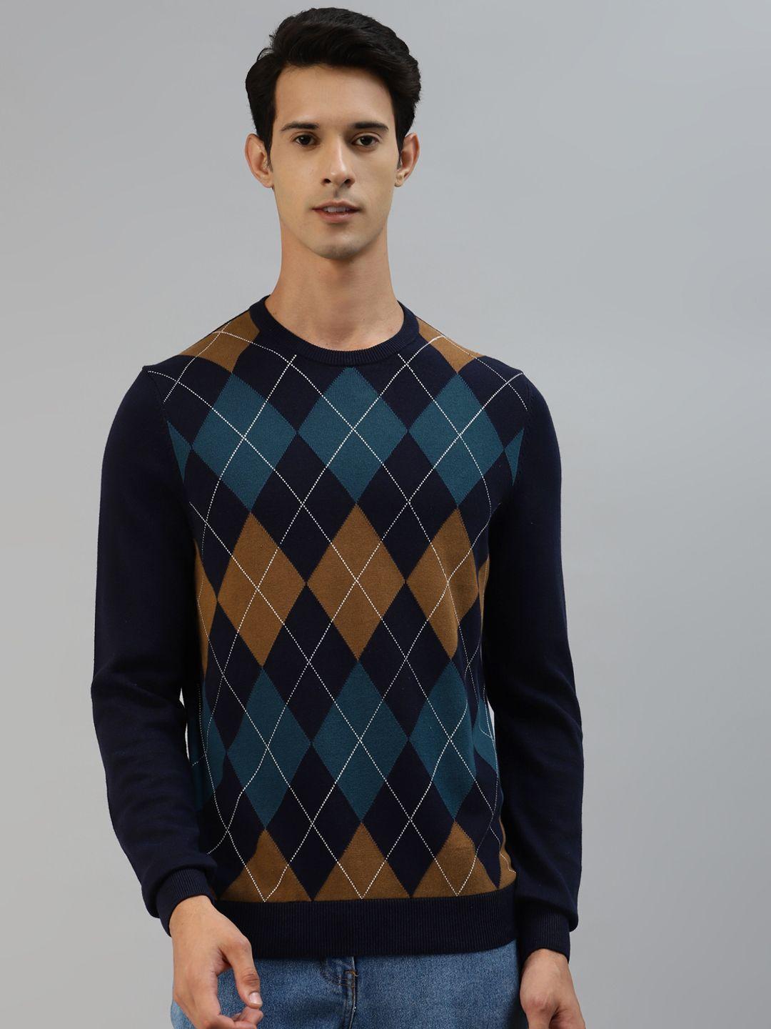 marks & spencer men navy blue & brown pure cotton geometric self design pullover