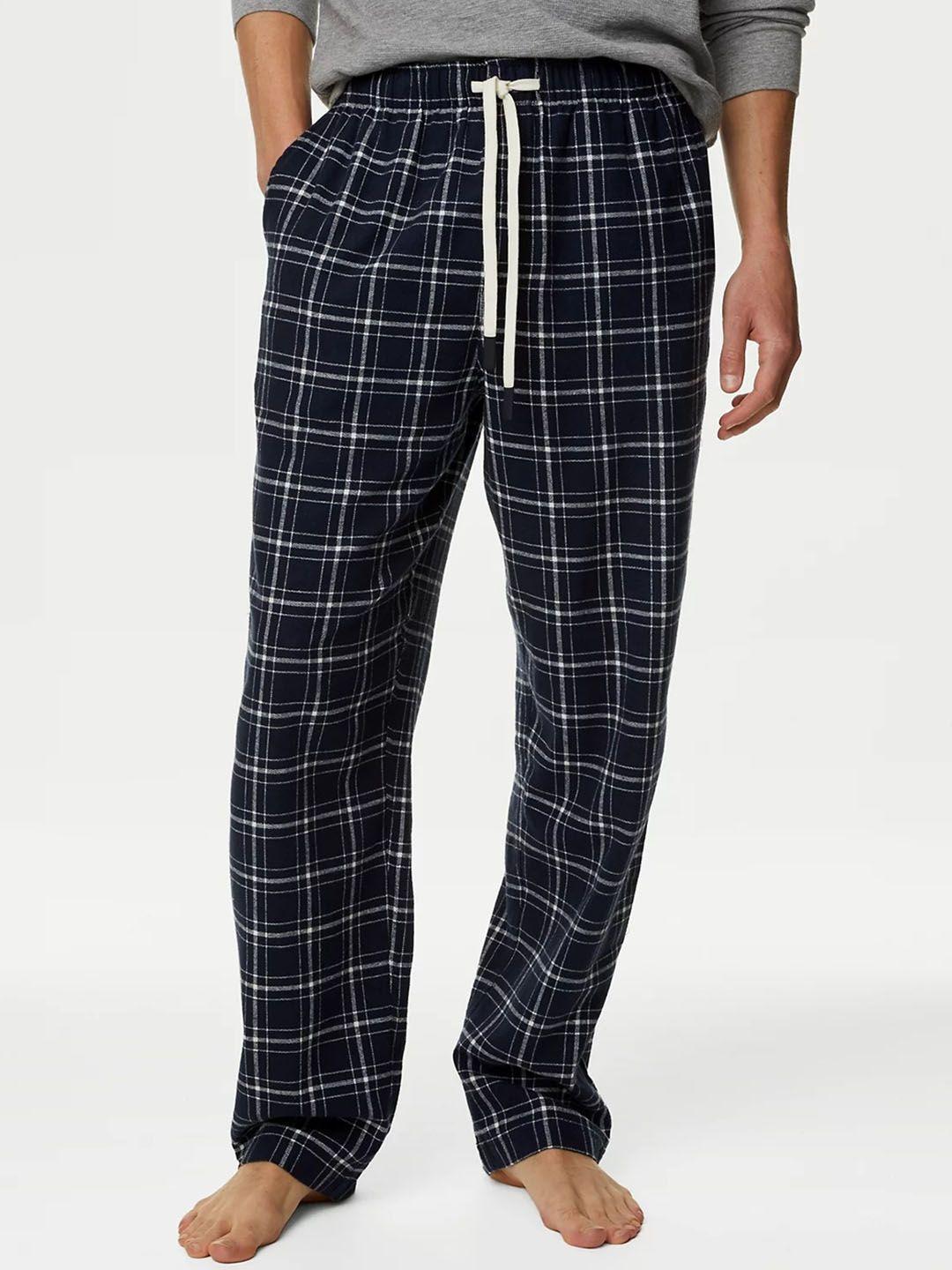 marks & spencer men navy blue & white checked cotton lounge pants