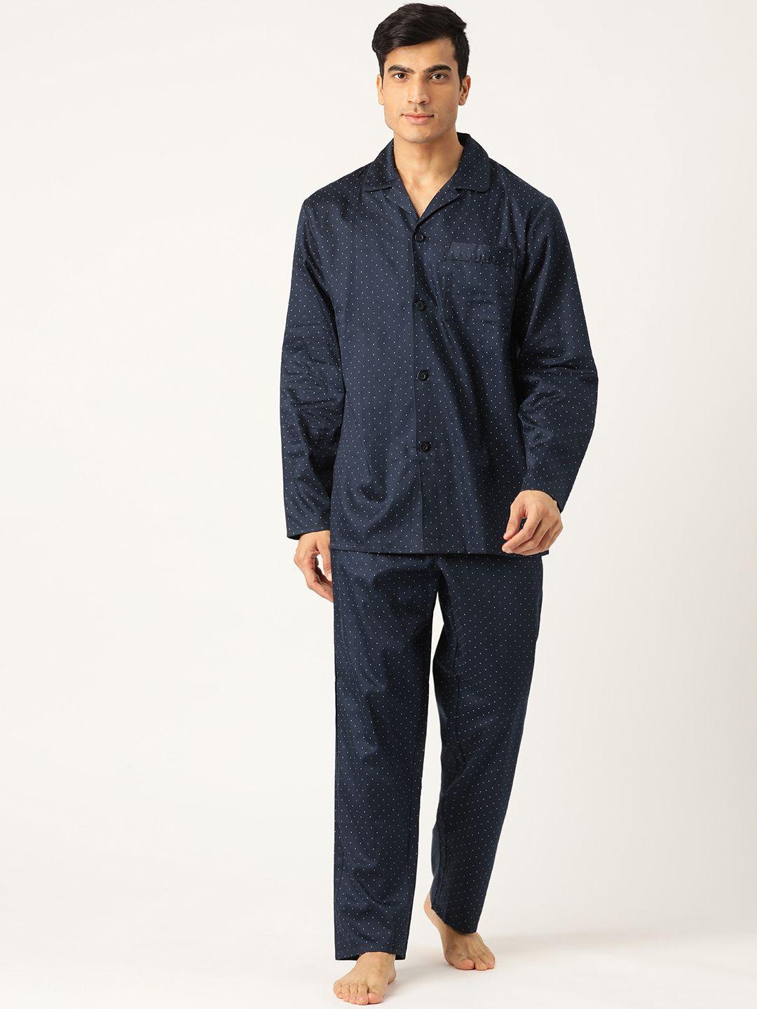 marks & spencer men navy blue & white printed night suit